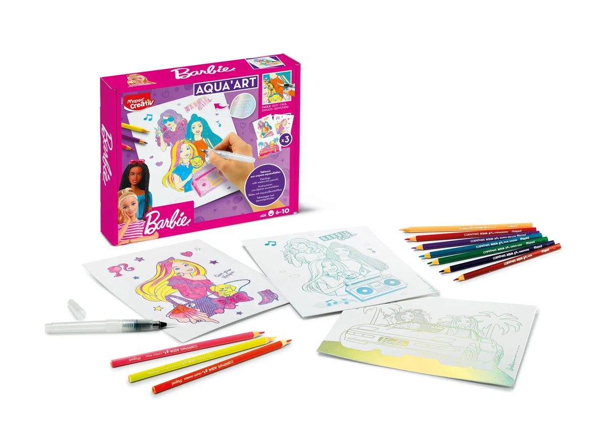 Maped Creativ - Aqua'Art Barbie - Aktywność akwarelowa dla dzieci - Farbowanie ołówkami akwarelowymi + pędzelek do wody na metalicznych wspornikach - 3 plakaty do kolorowania - od 7 lat