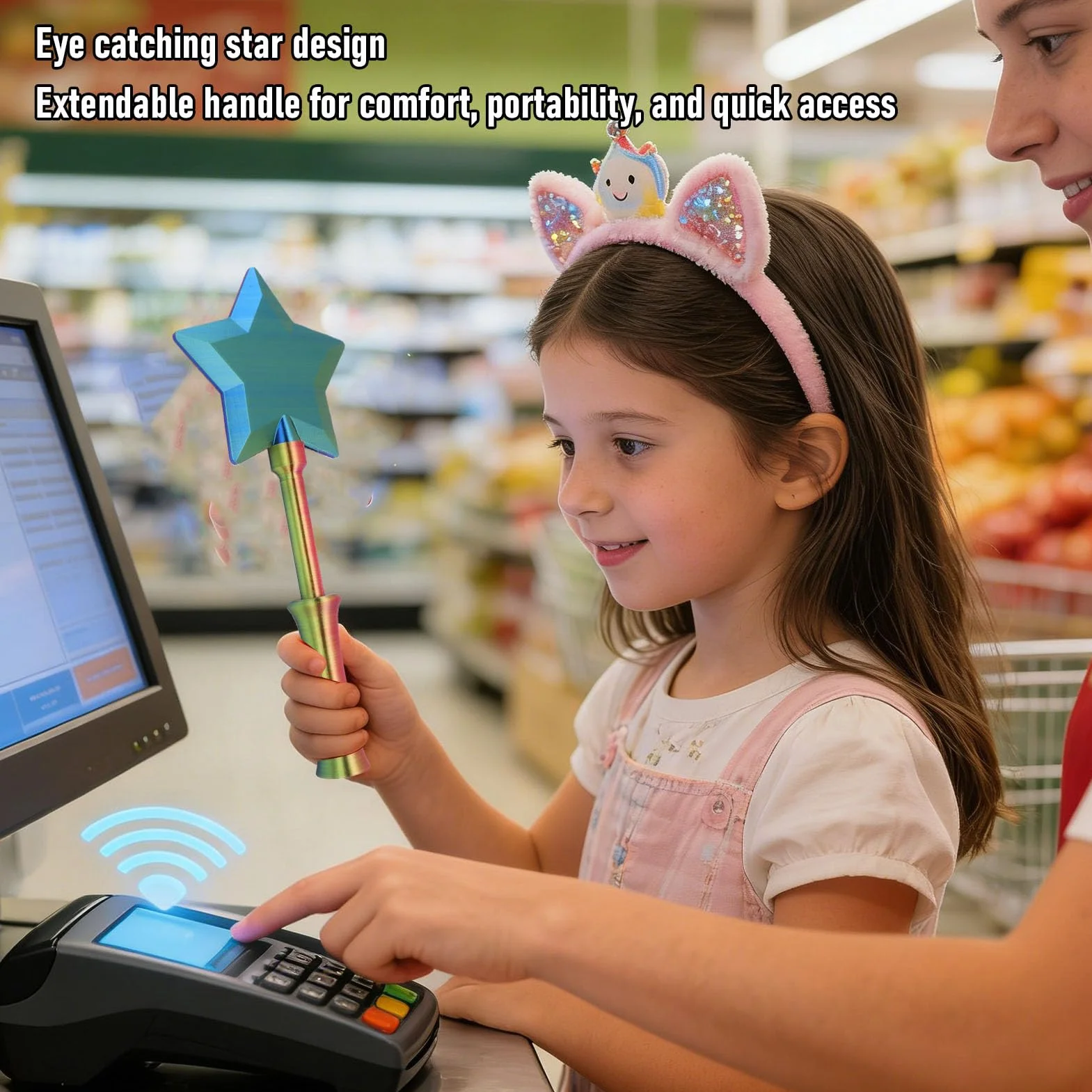 Generic Różdżka do Kart Kredytowych w Kształcie Gwiazdki z Nadrukiem 3D Przenośny Uchwyt na Karty Płatnicze Zbliżeniowe dla Zabawy Podczas Zakupów PLA Wysuwana Różdżka „Dotknij, Aby zapłacić” dla