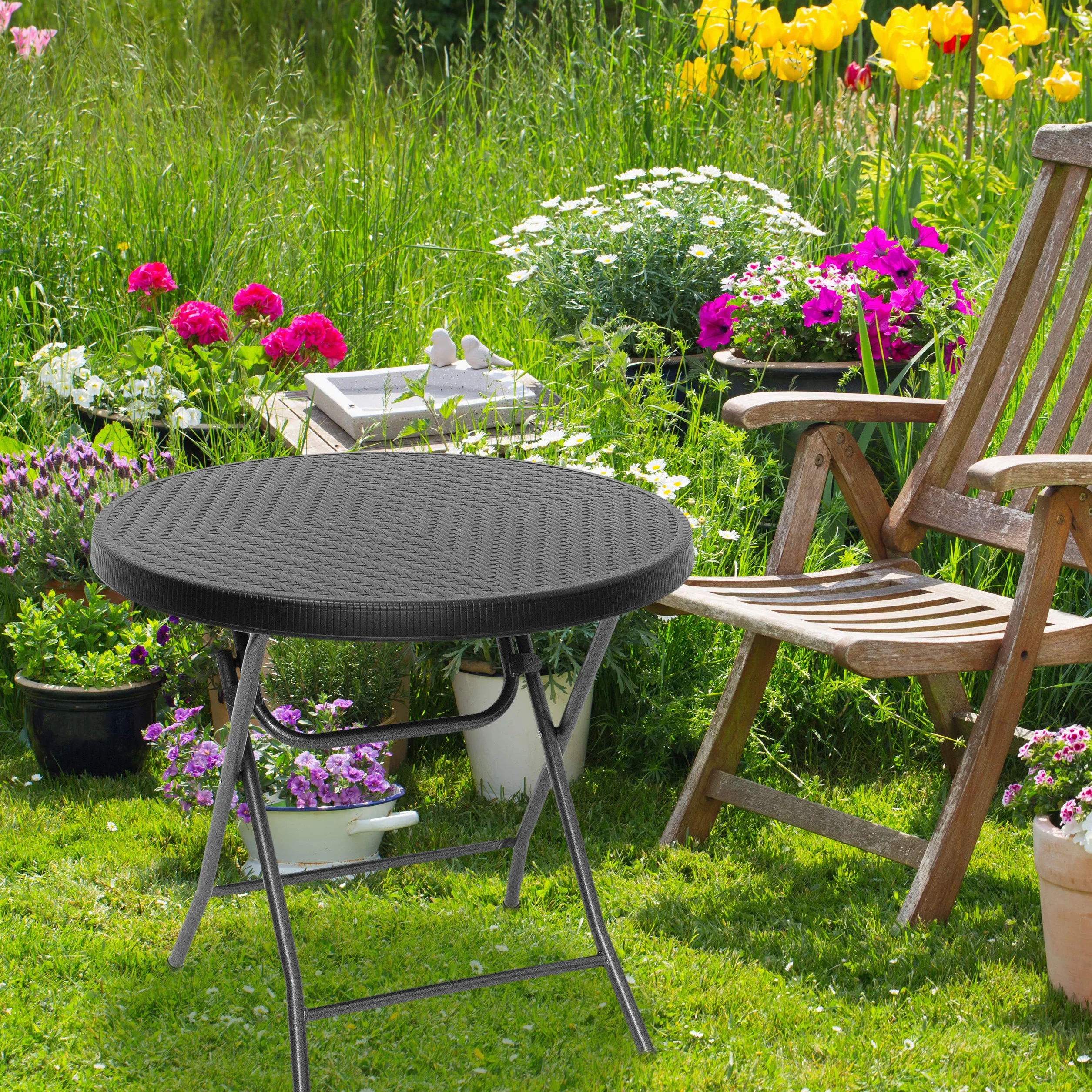 Relaxdays okrągły składany stolik ogrodowy rattan 74 x 80 x 80 cm czarny