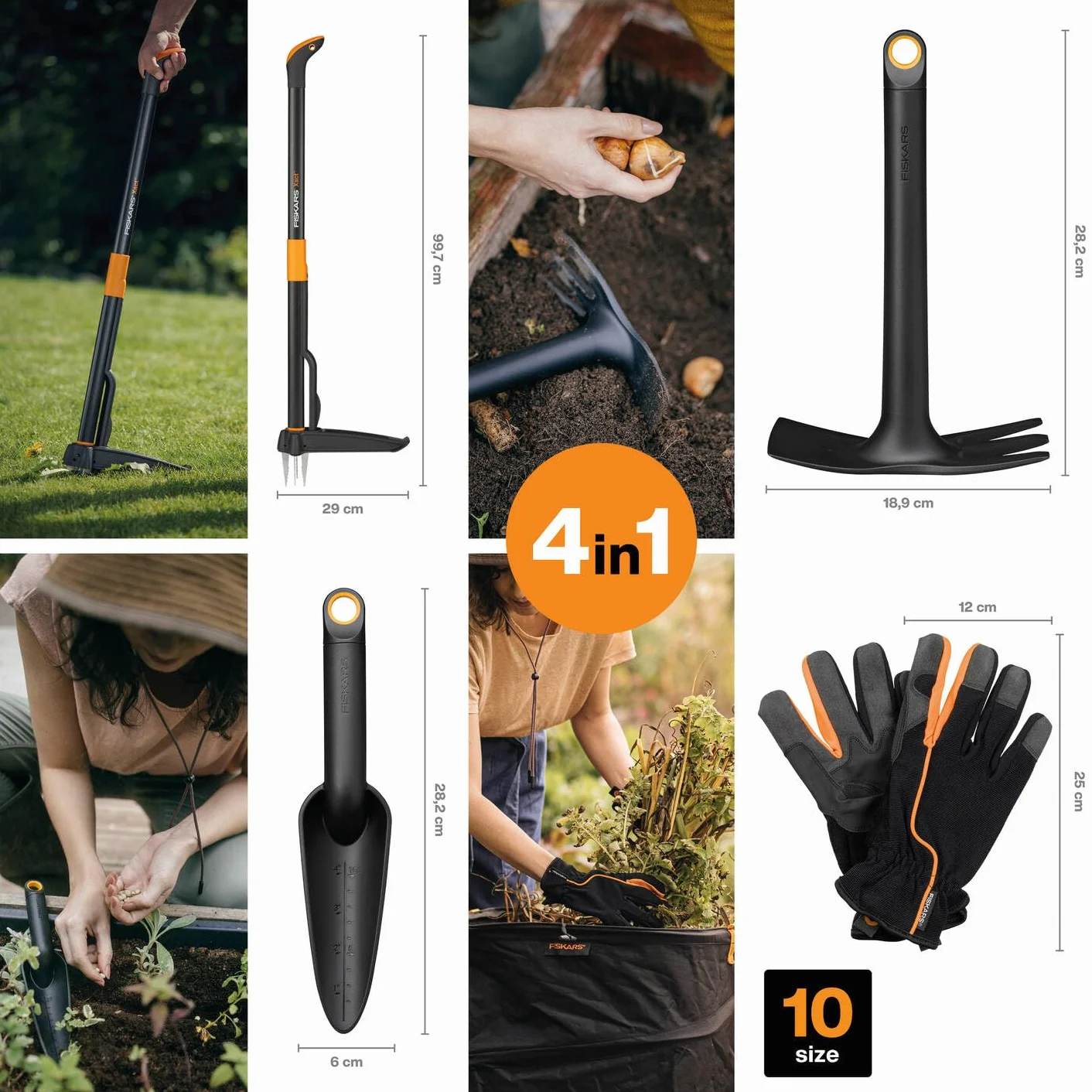 Fiskars Zestaw narzędzi ogrodowych 4-częściowy, chwastownik Xact, motyka i kielnia Solid, stal nierdzewna/plastik, FiberComp, rękawice robocze rozmiar 10, czarny/pomarańczowy