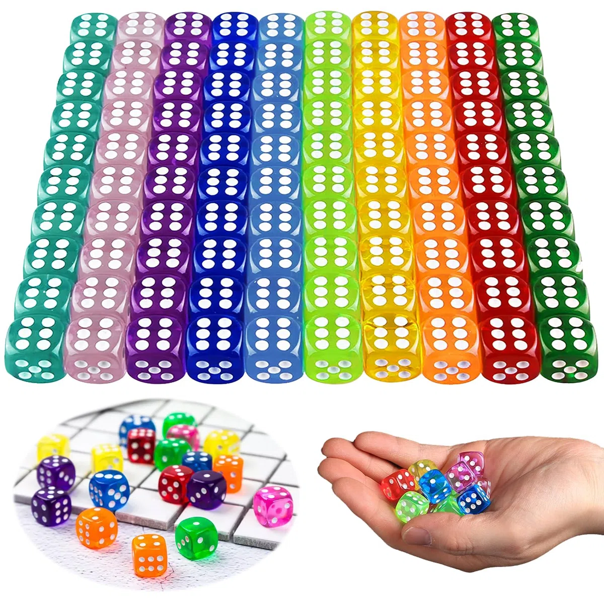 Zestaw 100 sztuk, 14 mm solidne kości do gry w 10 kolorach, 6-stronne akrylowe kości, półprzezroczyste zaokrąglone rogi, do RPG MTG DND i innych gier stołowych, gier w kości, nauczania