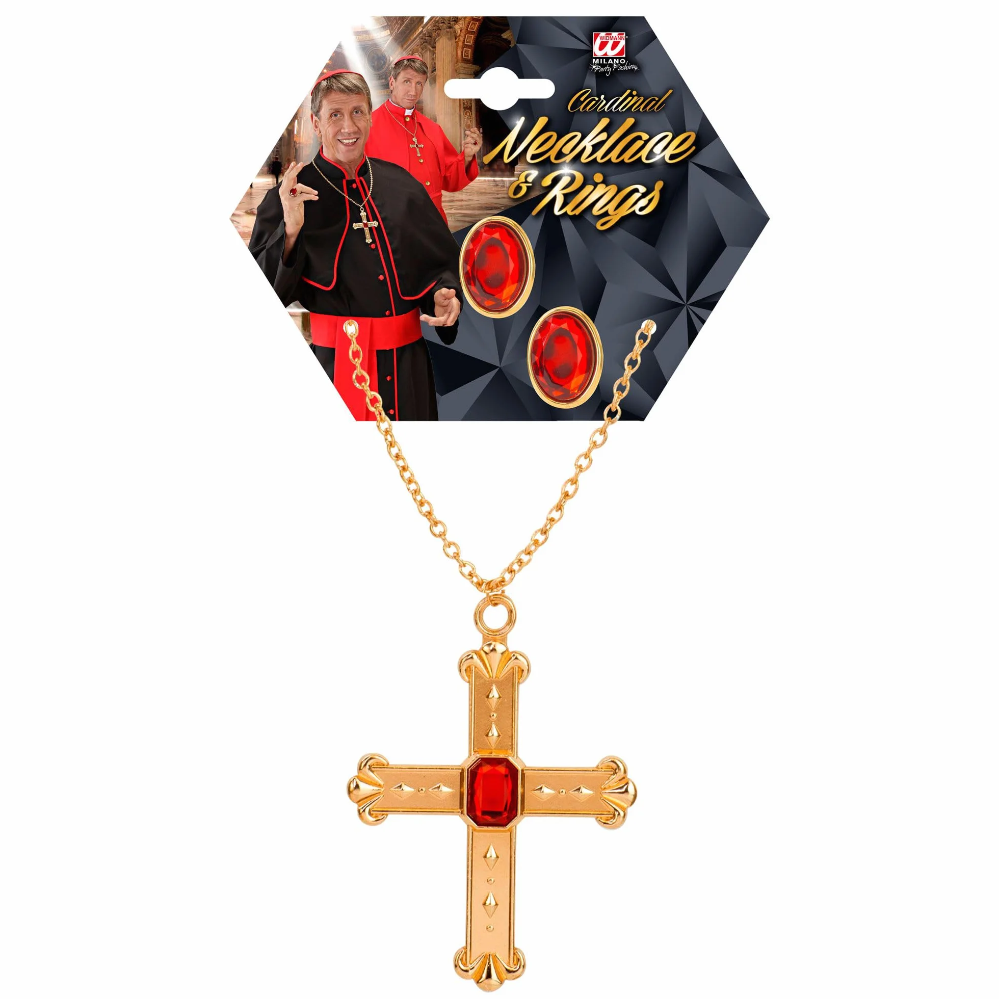 W WIDMANN MILANO Party Fashion - 3076C - Cardinals' set, necklace with cross and 2 rings, jewelry, clergy, themed party, carnival