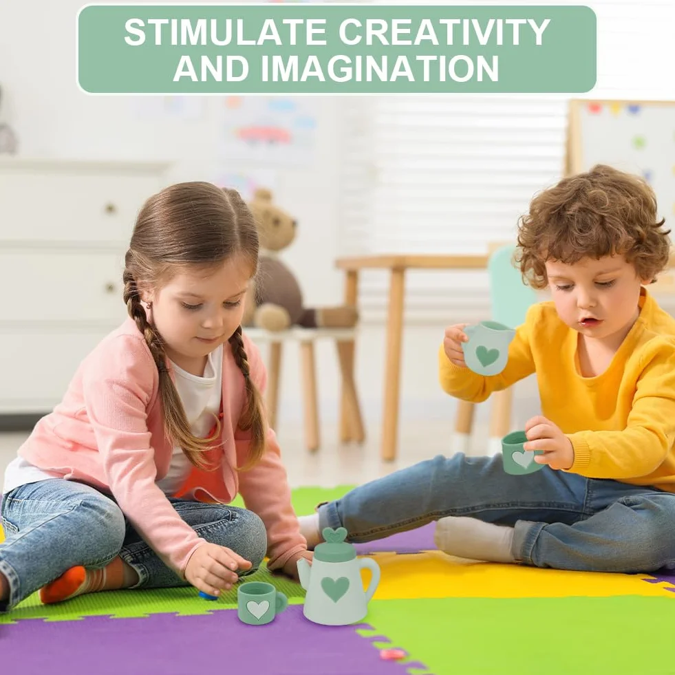 HOTUT Silikonowy zestaw do herbaty, zestaw do herbaty Montessori, zestawy kuchenne dla dzieci, odgrywanie ról dla dzieci, prezenty dla chłopców i dziewcząt w wieku 3, 4, 5 lat, zielony