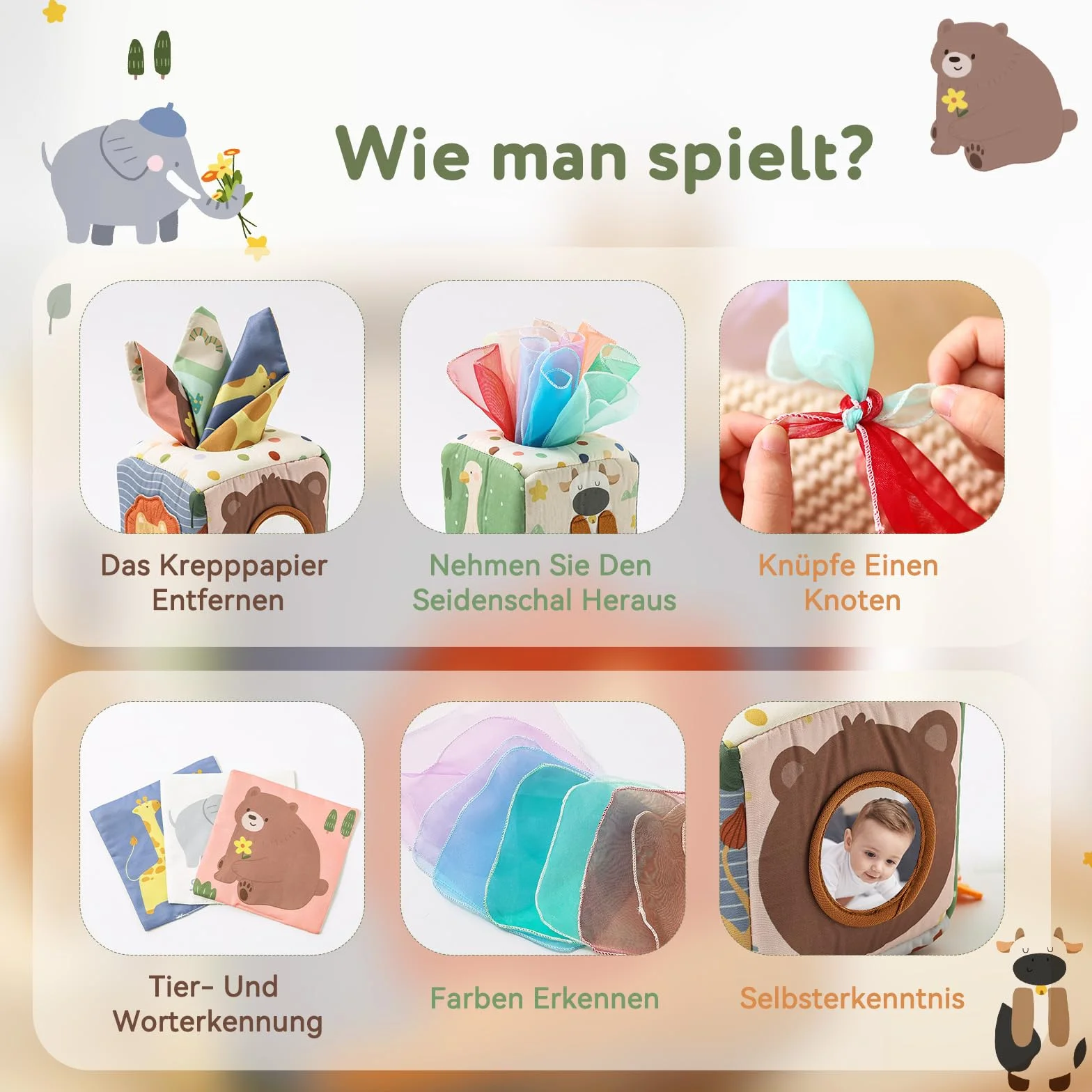 WOODEN TEETHER Tissue Box Montessori zabawka motoryczna, 6-12 miesięcy, zabawka sensoryczna dla niemowląt, z lustrem, kolorami, teksturami, dla dzieci, zabawka edukacyjna dla chłopców i dziewczynek