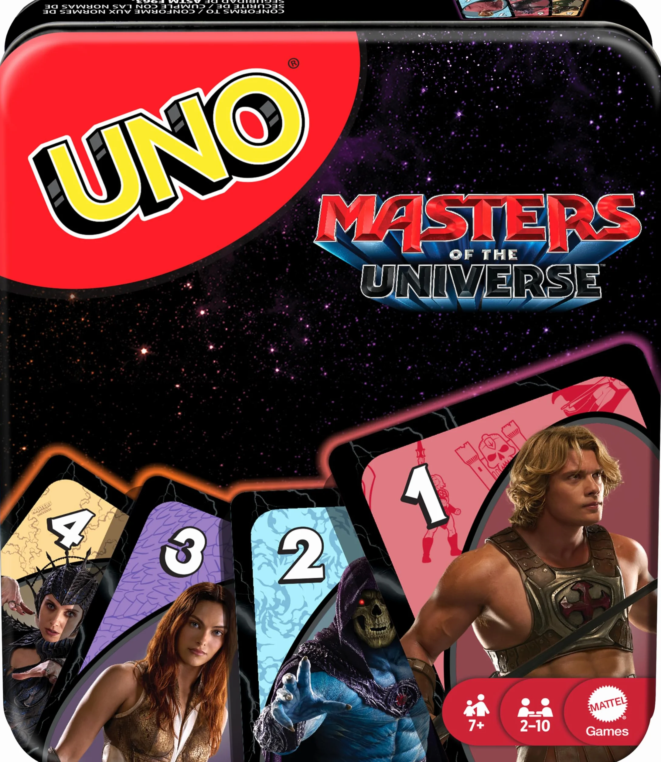 Mattel Games UNO Masters of the Universe, specjalna wersja w kolekcjonerskim pudełku z postaciami inspirowanymi filmem MOTU, specjalna karta Miecz Mocy, 7 lat, JNP53