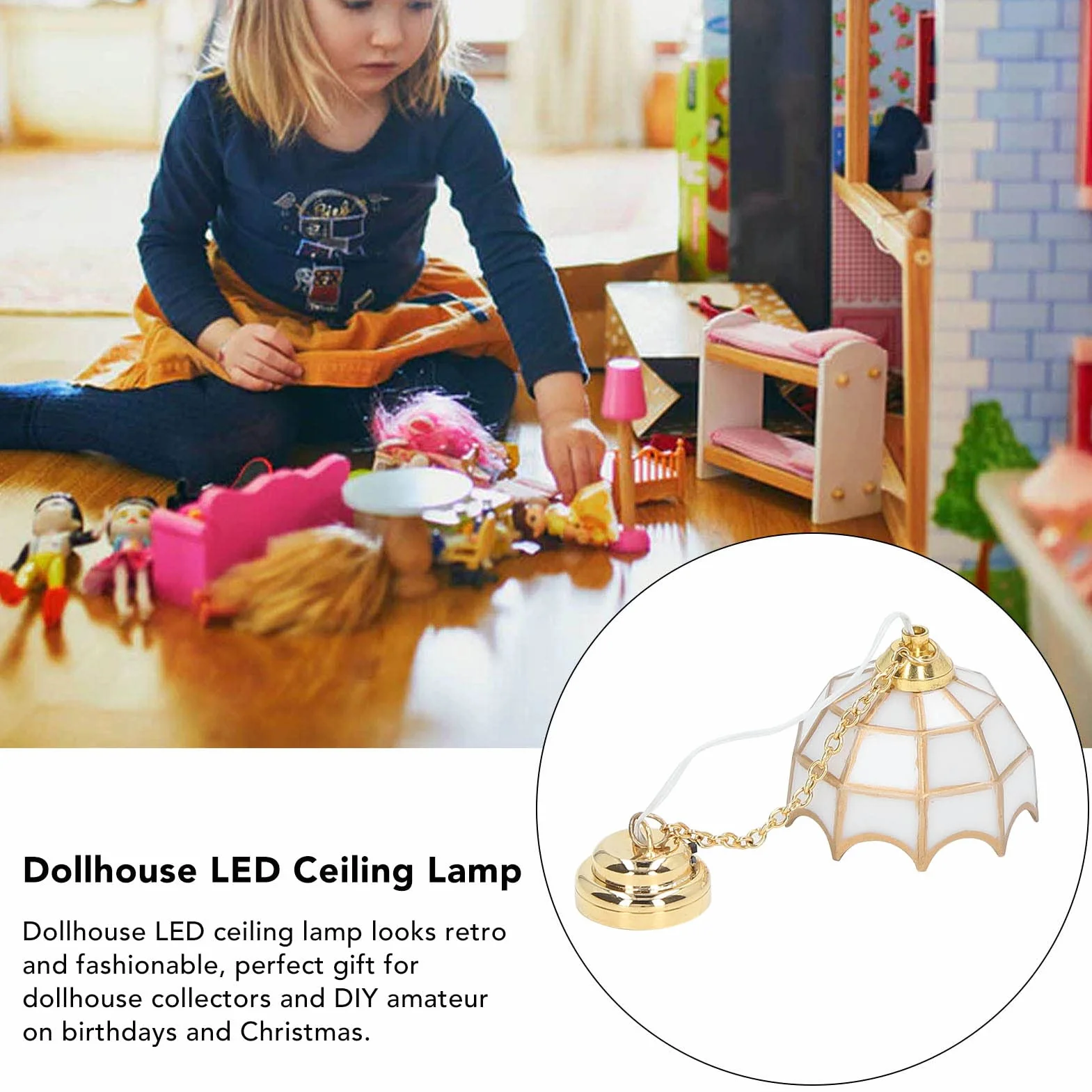do Domku dla Lalek, Model Lampy Sufitowej 1:12, Stołowa LED Sufitowa Zasilana Bateryjnie Akcesoria do Domku dla Lalek Swag Wisząca Sufitowa