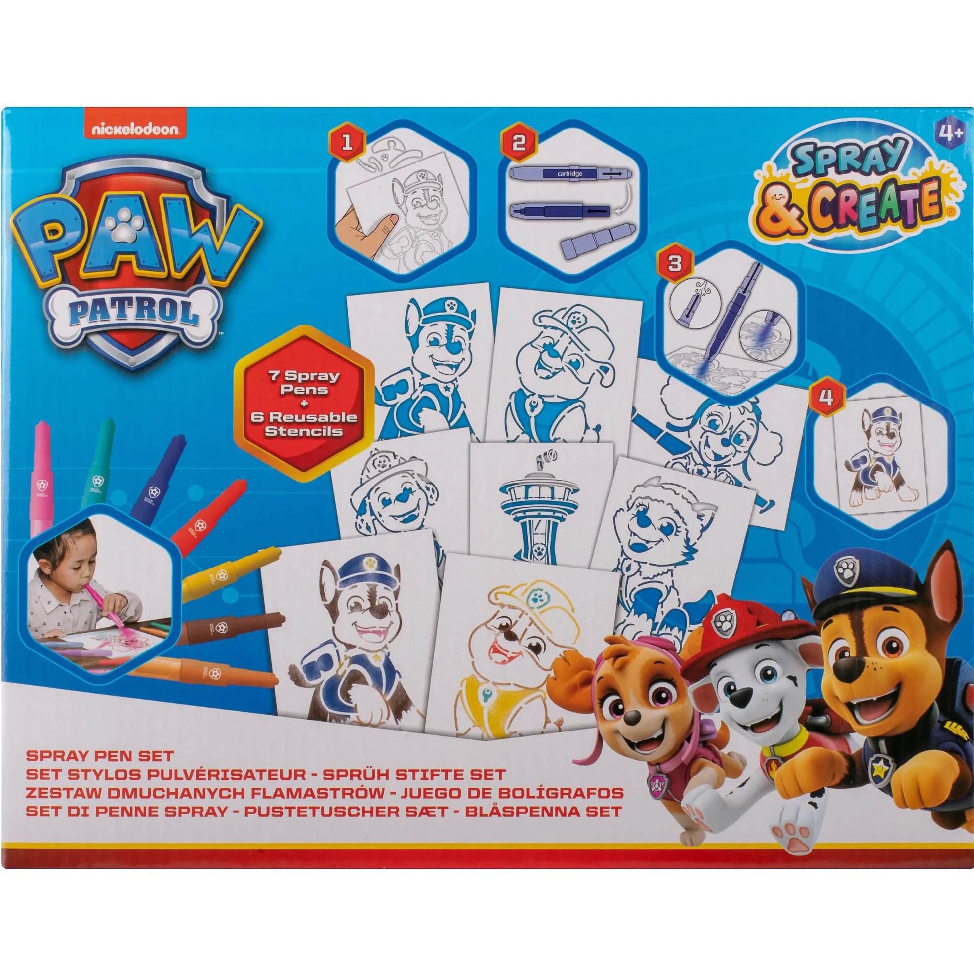 PAW PATROL - Zestaw pisaków w sprayu - kredki dla dzieci - zestaw do malowania z kolorowymi kredkami i szablonami do malowania (PW22364)