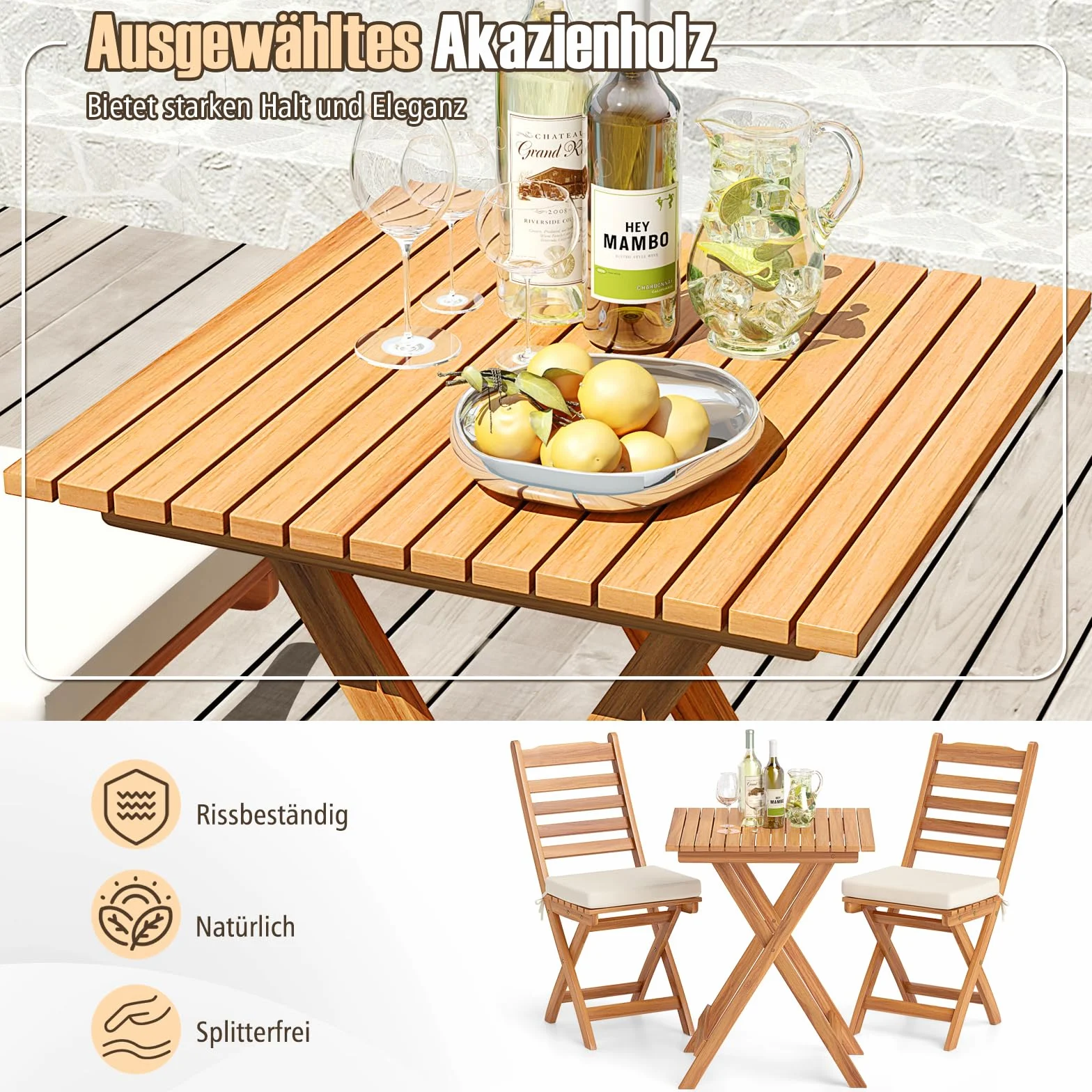 COSTWAY Zestaw mebli balkonowych 3-częściowy, stół bistro z 2 krzesłami, składany, drewno akacjowe, poduszki