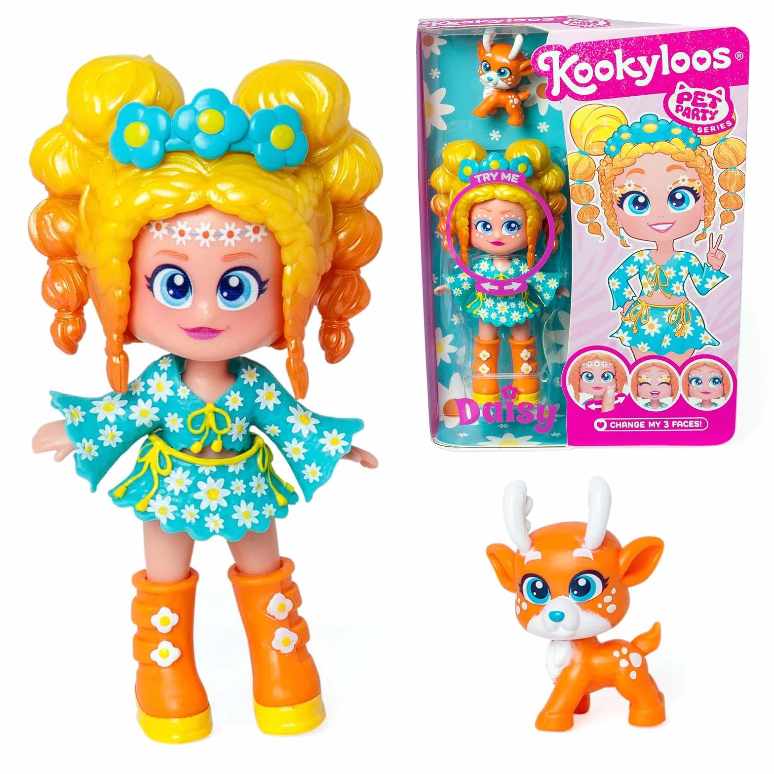 KOOKYLOOS Seria Pet Party DAISY-Kolekcjonerska lalka Daisy z jeleniem zwierzaka. Zawiera lalkę Kookyloos Daisy, 1 zwierzę, modne ubrania i buty oraz 1 akcesoria. 1 lalka, 3 różne twarze!
