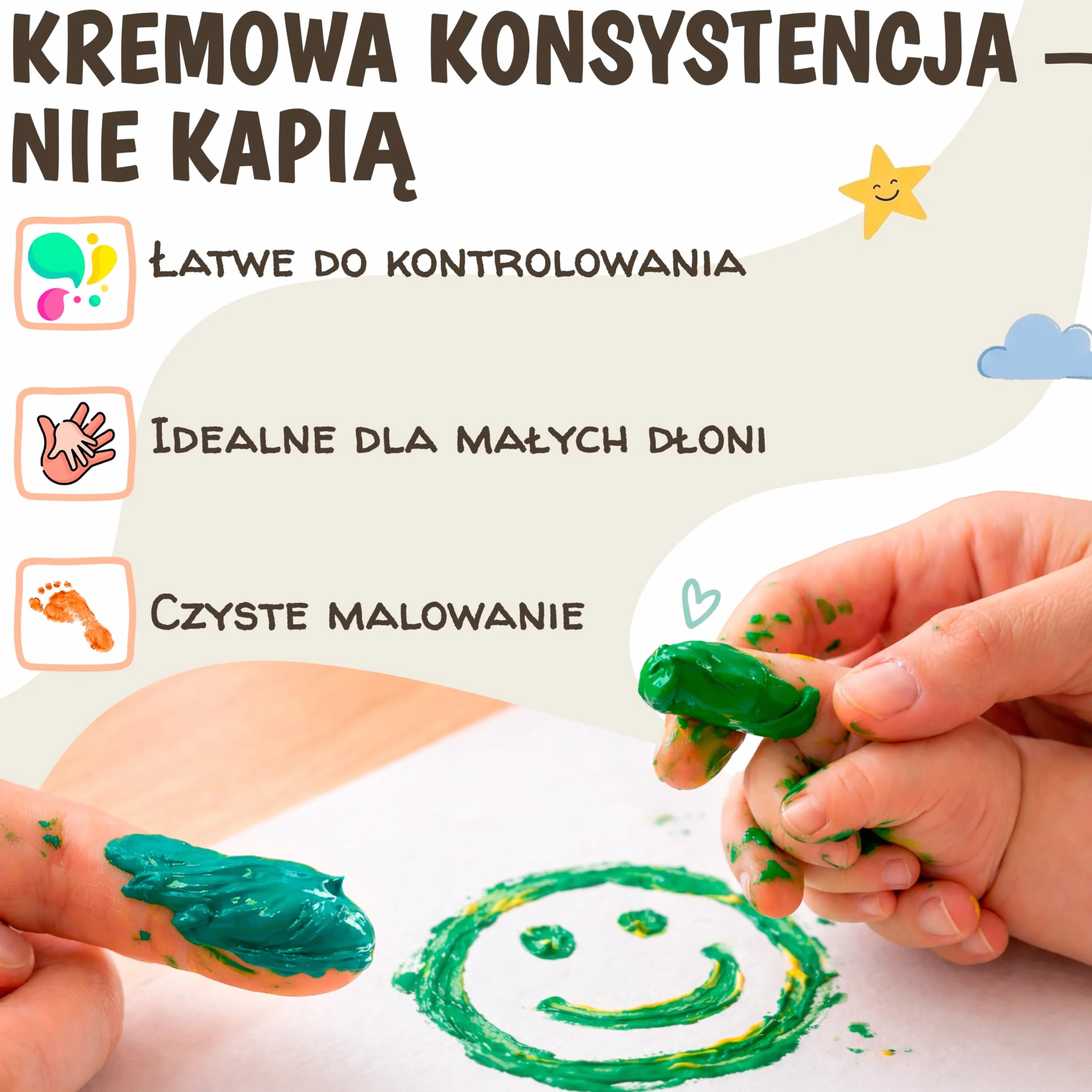Farby do Malowania Palcami dla Dzieci Nietoksyczne Zmywalne 6x60 ml – Farby dla Dzieci 1, 2, 3 Lata | Odciski Dłoni i Stóp | Zestaw Kreatywny do Malowania