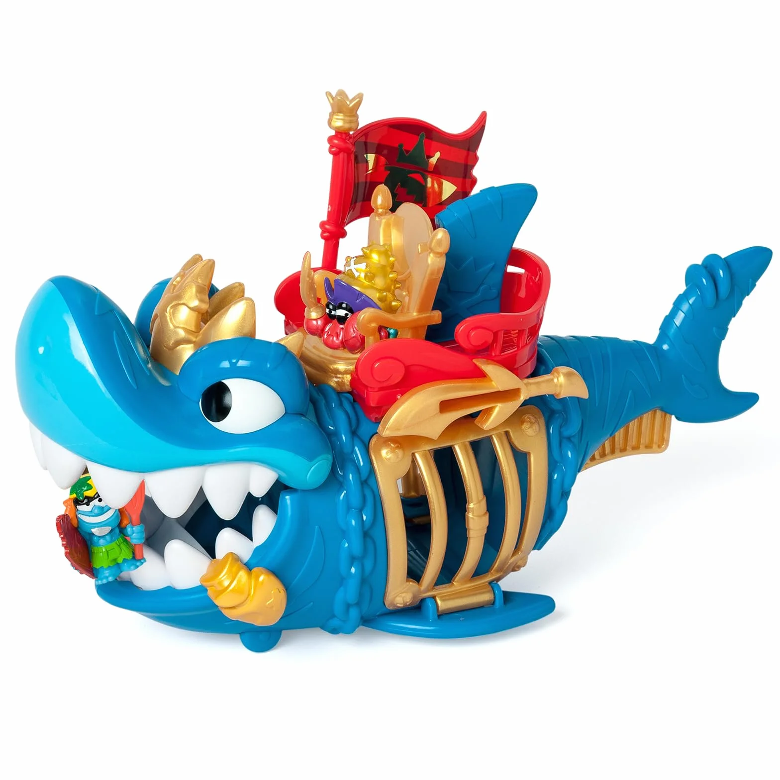 PIRATIX ADVENTURE WORLD King Shark– Przegubowy rekin, z klatką, aby schwytać rywali Piratix. Zawiera 1 rekin, 1 ekskluzywny skarb, 1 ekskluzywny Piratix i 1 akcesorium
