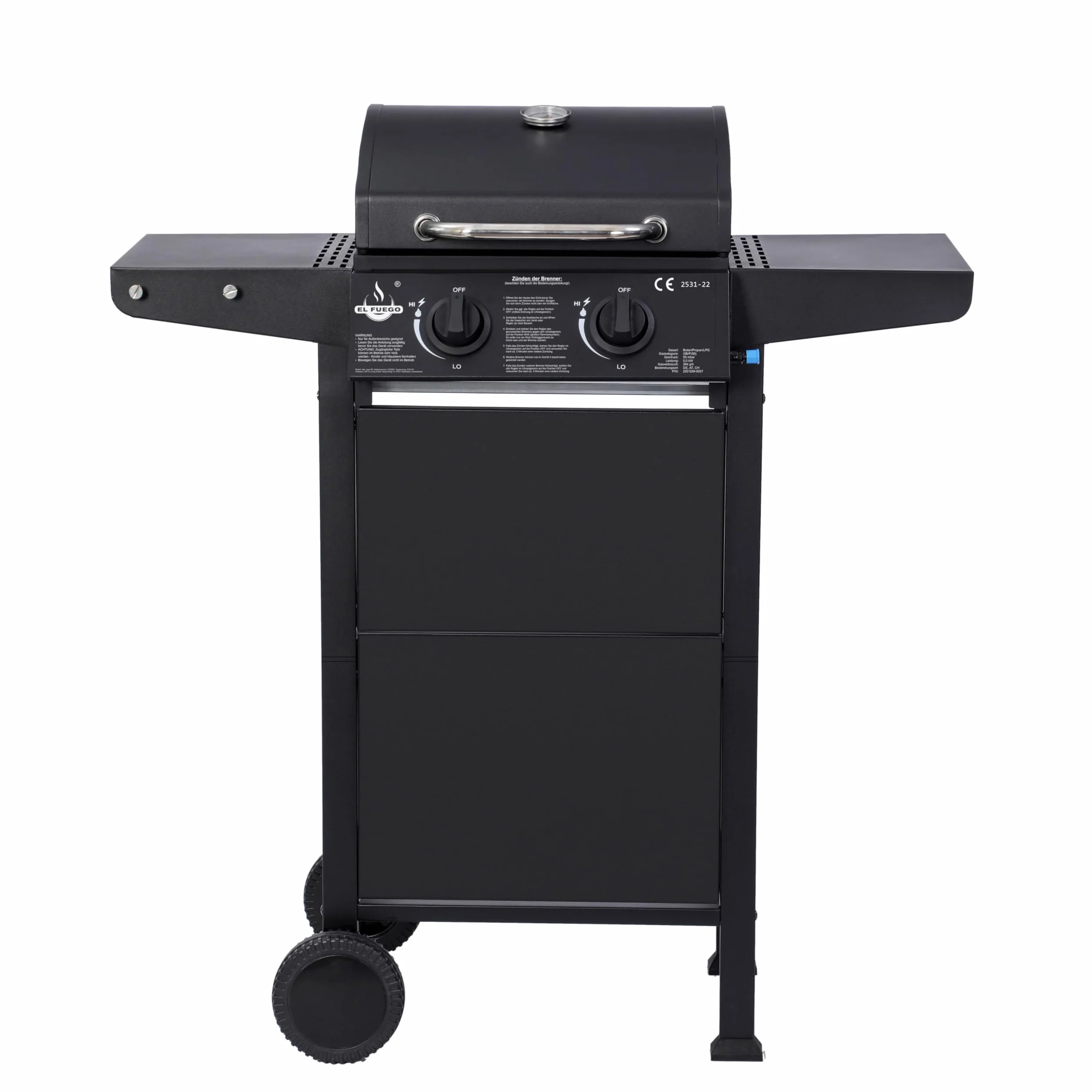 El Fuego® Grill Gazowy San Jose 2 Palniki BBQ z Żeliwnym Rusztem, Termometrem i Półkami Bocznymi