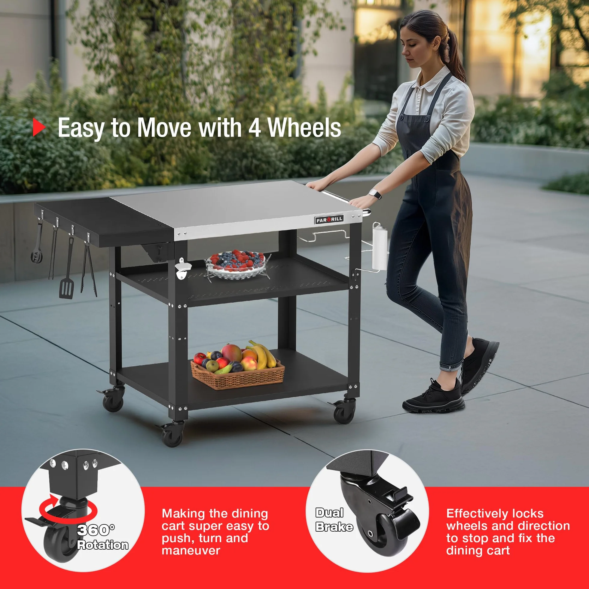 PARGRILL Wózek Grillowy Mobilny 3 Poziomy Składany Stolik Boczny Kółka Obrotowe 360° Hamulec Stół Ogrodowy Stal Nierdzewna BBQ