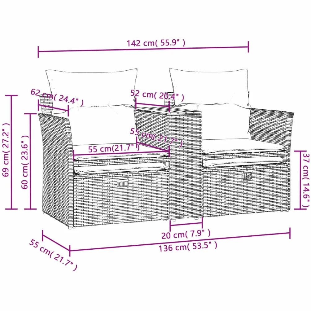 vidaXL 2-osobowa sofa ogrodowa z podnóżkami polirattan szara