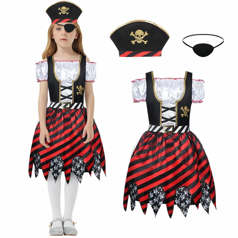 Aomig Kostium Piracki dla dzieci, 3-częściowy akcesoria do stroju pirata, kapelusz piracki, bajkowa sukienka na Halloween, karnawał