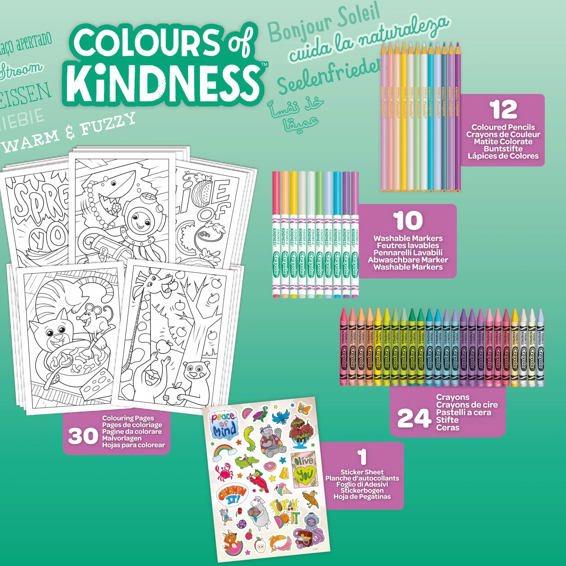 Crayola - Colours of Kindess, walizka, 70 sztuk +, markery, kredki woskowe, ołówki, arkusze kolorowanki, naklejki, kreatywny prezent dla dzieci i dziewcząt, od 4 lat, 04-2941