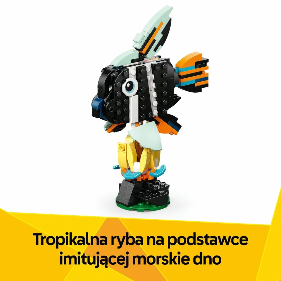 LEGO Creator 3 w 1 Dzikie zwierzęta: Tropikalny tukan, figurka do przebudowania na motyla lub rybę, zabawka dla dziecka, ozdoba do pokoju dziecięcego, prezent dla 7-latki, dziewczynki i chłopca 31173