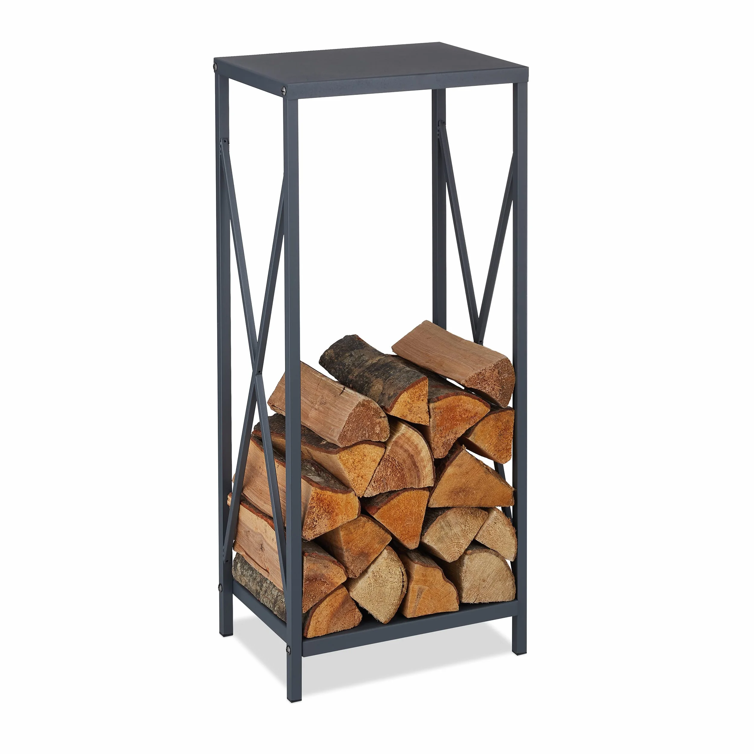 Relaxdays Metalowy regał na drewno kominkowe 80,5 x 34 x 25 cm malowany proszkowo szary