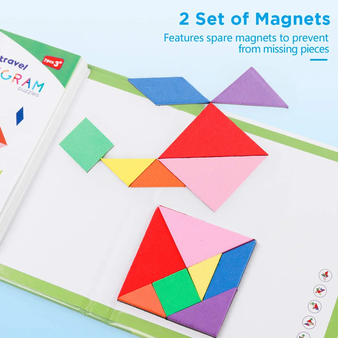 Coogam Podróżne Puzzle Tangram z 3 zestawami magnetycznych Tangram - Gry z kształtami do rozkroju na podróż drogową z rozwiązaniem - Książka IQ, edukacyjna zabawka, łamigłówka mózgowa, prezent dla