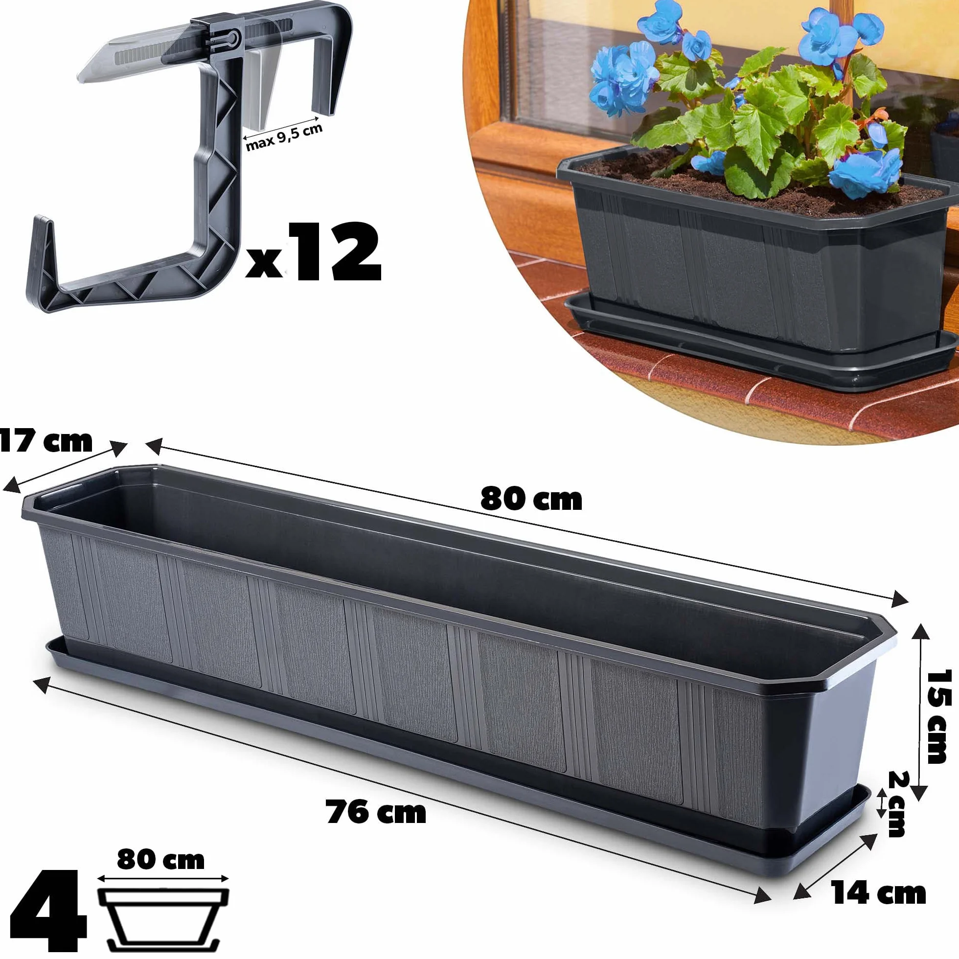 KADAX Skrzynki balkonowe 4x80 cm antracyt na kwiaty i zioła