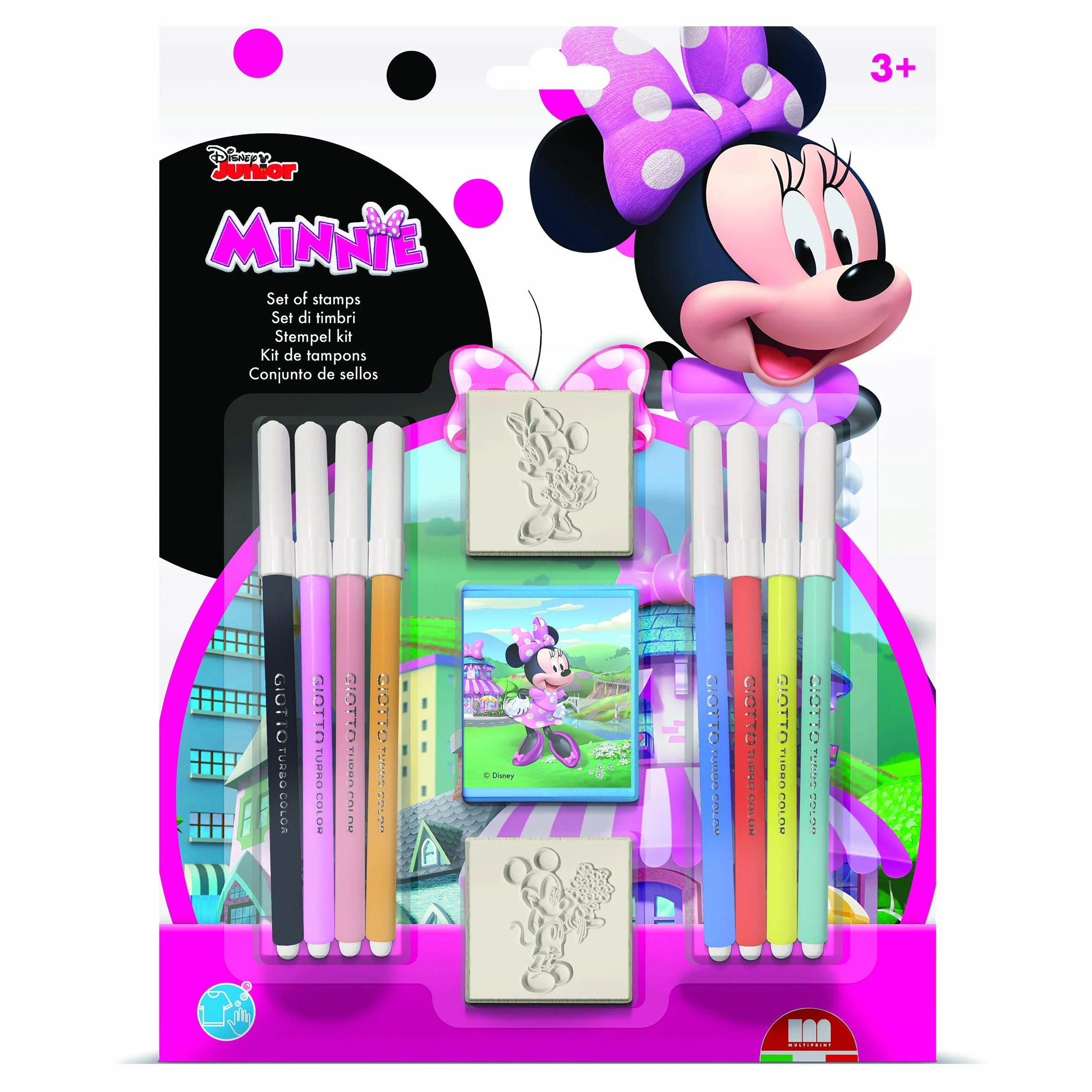 Multiprint 2 pieczątki dla dzieci w blistrze Disney Minnie, 100% Made in Italy, niestandardowy zestaw stempli dla dzieci, z drewna i naturalnego kauczuku, nietoksyczny tusz nadający się do prania,