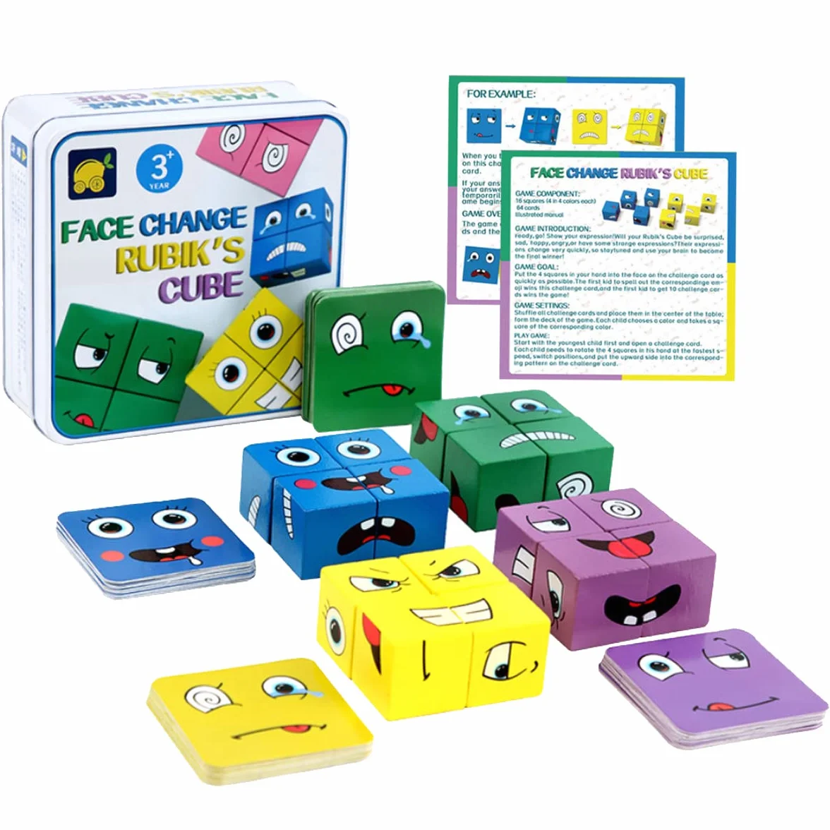 LiRiQi Puzzle z Drewnianych Kostek, Zabawka Sensoryczna Kostki Budowlane Drewniane Puzzle Twarze, Kolorowe Magiczne Kostki Klocki Interaktywna Zabawka, Montessori Zabawka Edukacyjna dla Dzieci od 3