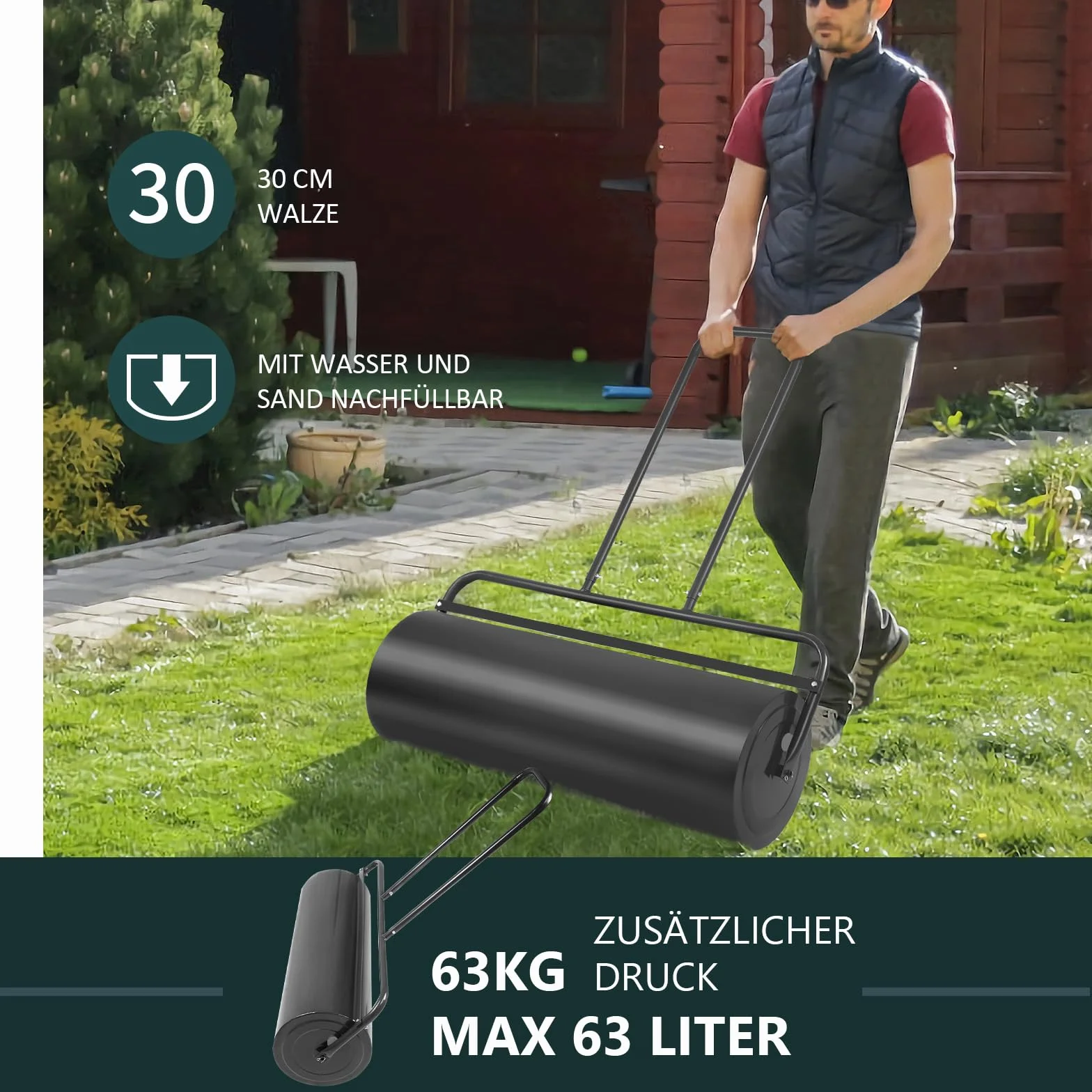 COSTWAY Walec do trawnika napełniany wodą lub piaskiem 63 l Ø 30 cm x 90 cm metalowy