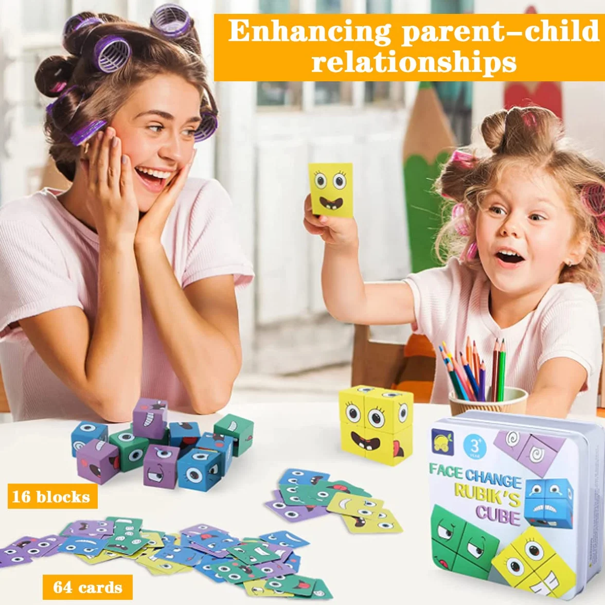 LiRiQi Puzzle z Drewnianych Kostek, Zabawka Sensoryczna Kostki Budowlane Drewniane Puzzle Twarze, Kolorowe Magiczne Kostki Klocki Interaktywna Zabawka, Montessori Zabawka Edukacyjna dla Dzieci od 3
