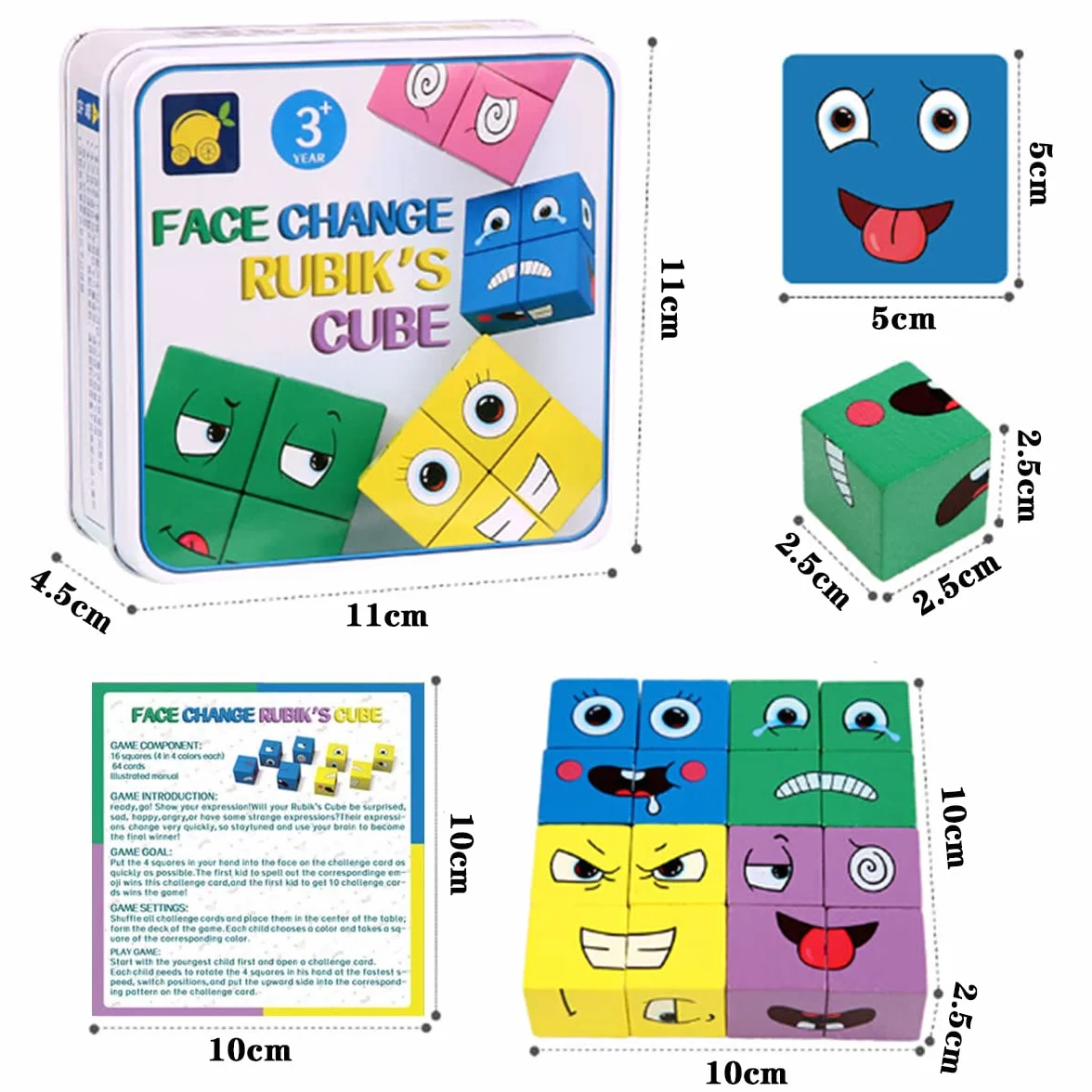 LiRiQi Puzzle z Drewnianych Kostek, Zabawka Sensoryczna Kostki Budowlane Drewniane Puzzle Twarze, Kolorowe Magiczne Kostki Klocki Interaktywna Zabawka, Montessori Zabawka Edukacyjna dla Dzieci od 3