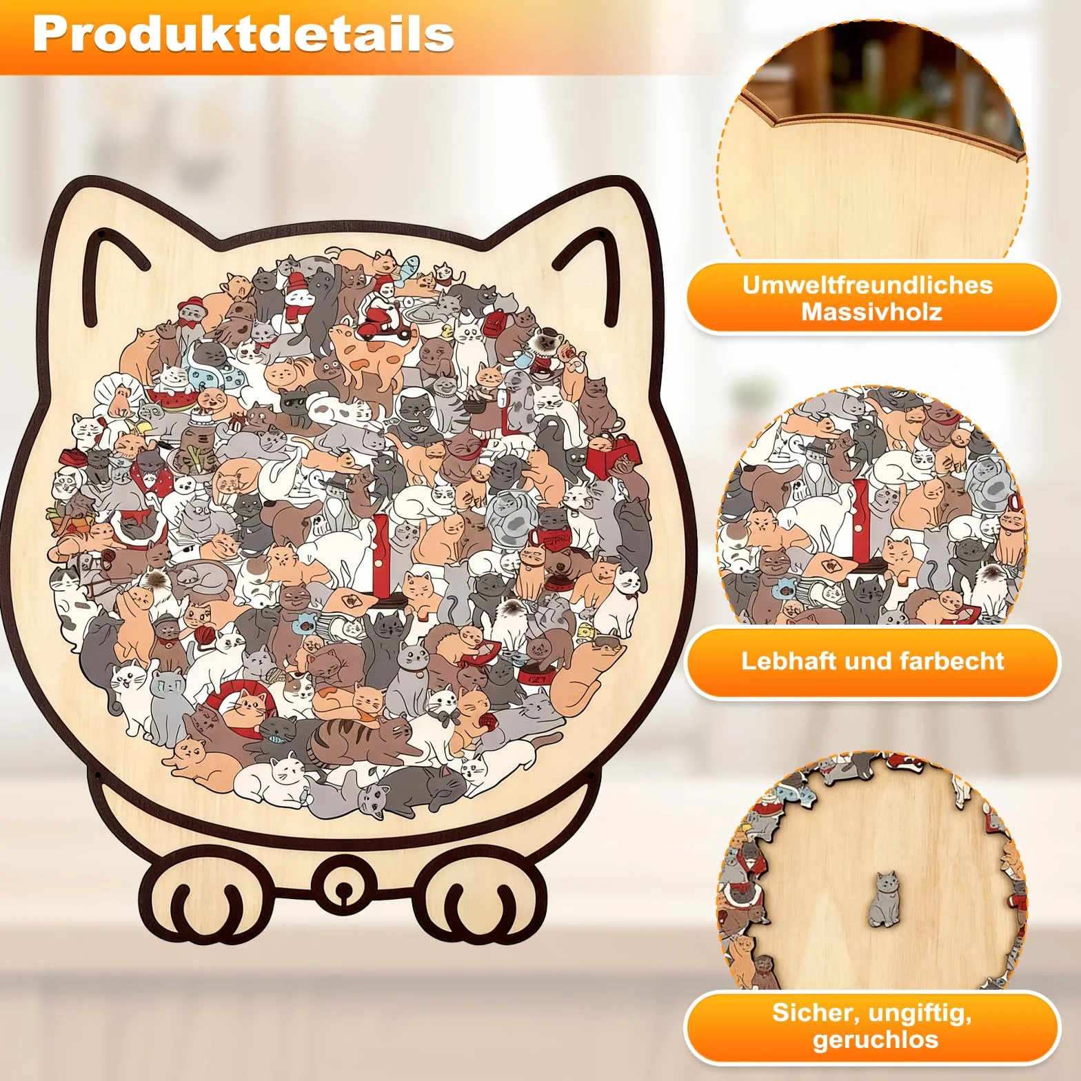 Drewniane puzzle kot 135 elementów kolorowe z ramą w kształcie kota