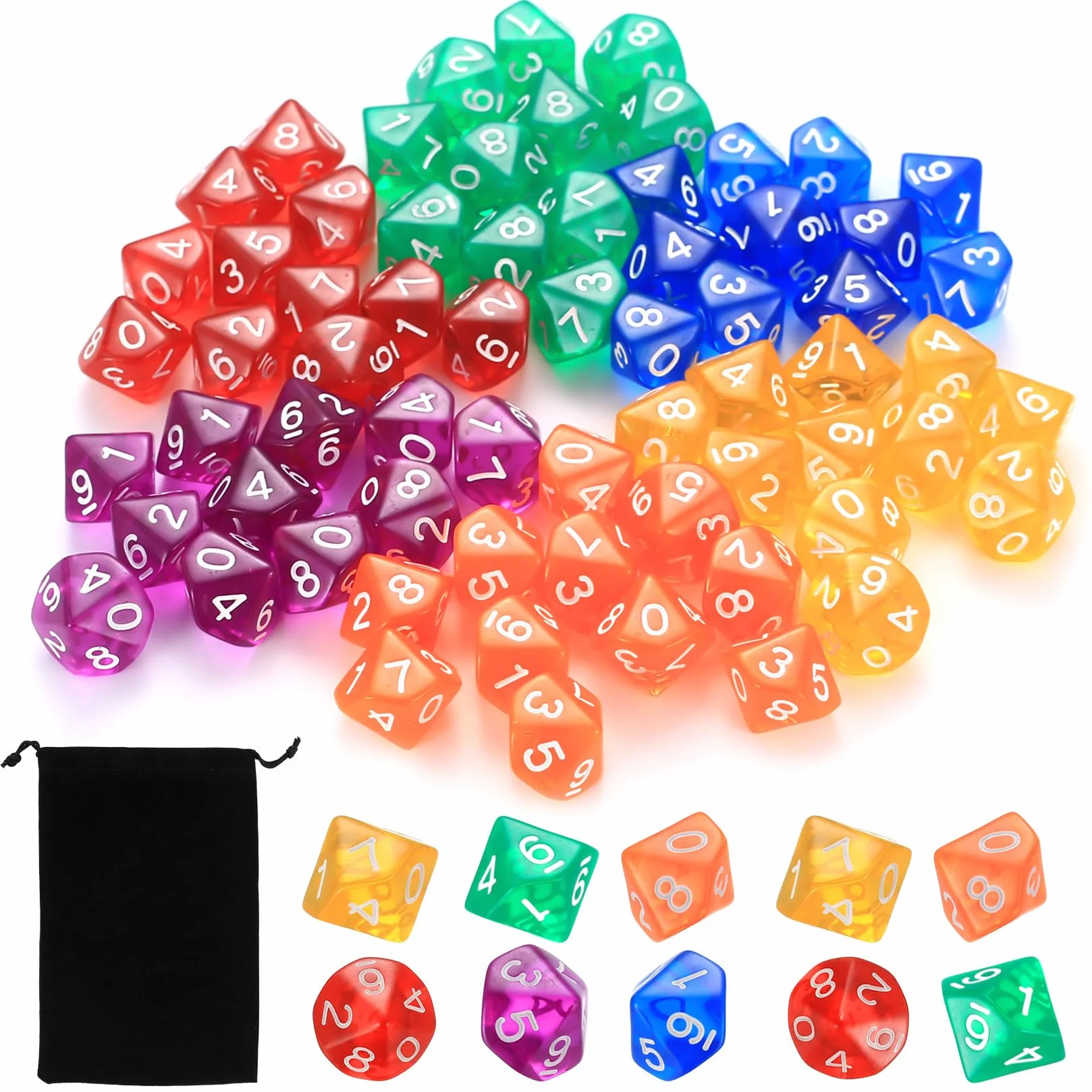 Zestaw kości do gry DND, wielościenne, 10-stronne, zestaw kości do gier D10, do gier DND MTG, RPG, do gier stołowych, z 1 czarną torbą do przechowywania, 72 szt