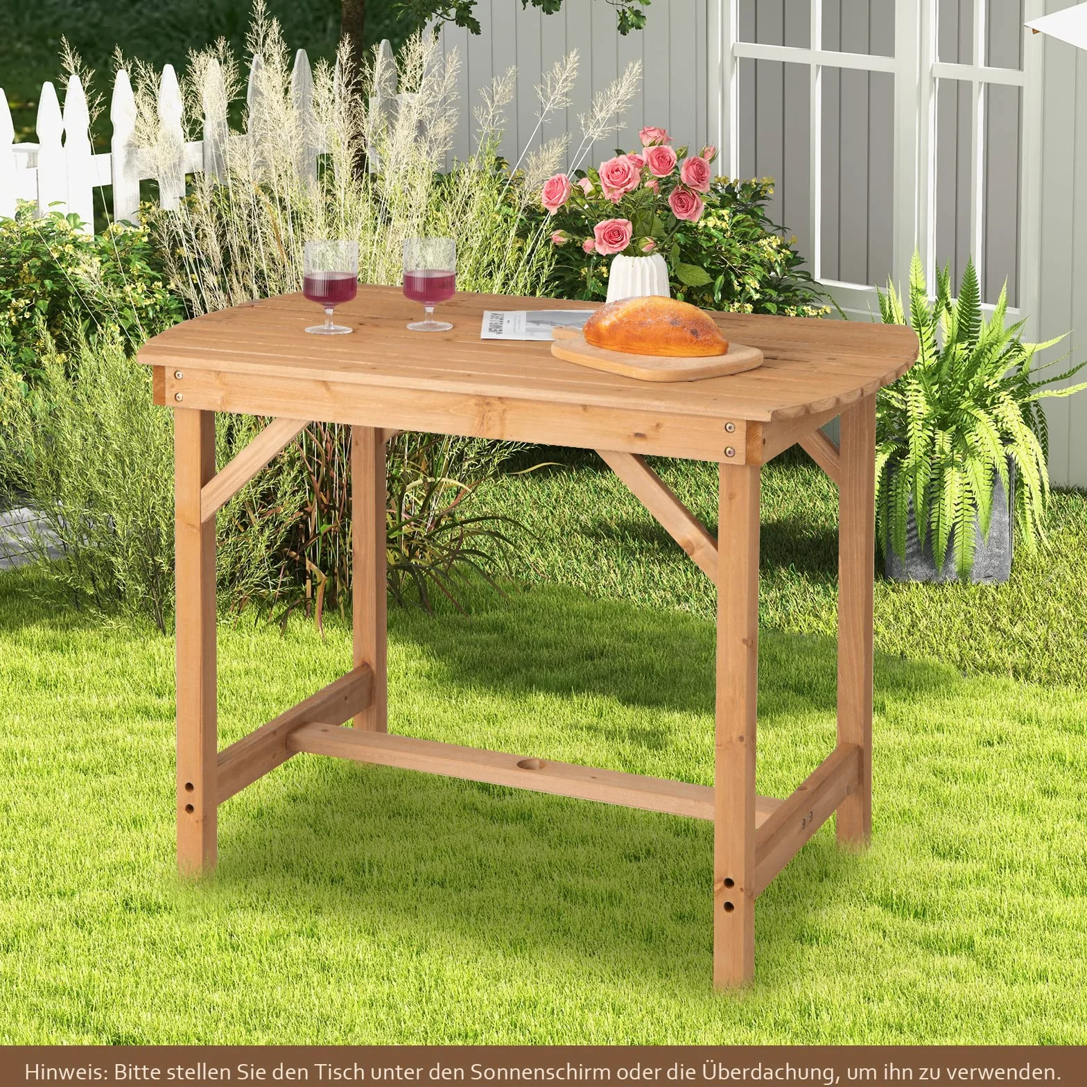 COSTWAY Stół ogrodowy z otworem na parasol 100 x 60 cm lite drewno prostokątny