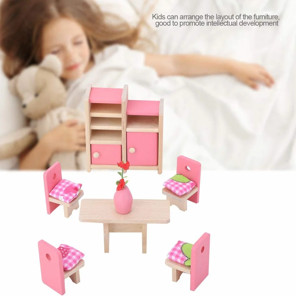 Zabawkowe meble, realistyczny mini drewniany zestaw mebli do domku dla lalek 1:12 (ComedorHabitación)
