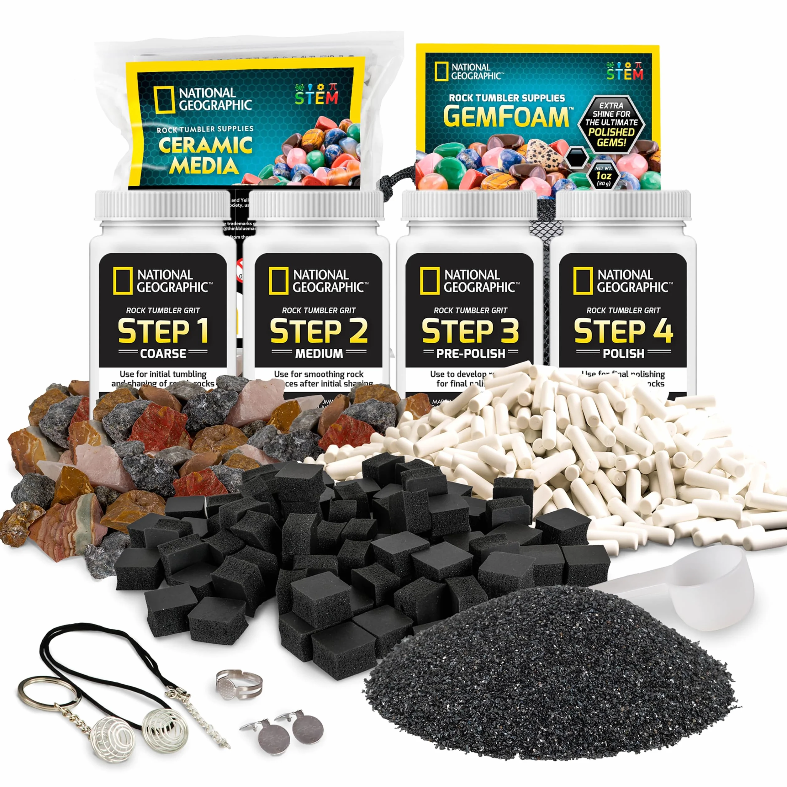 Zestaw uzupełniający do bębna polerskiego NATIONAL GEOGRAPHIC – akcesoria do polerowania kamieni, w tym proszek ścierny i polerski, ceramiczne wypełnienie, pianka GemFoam, 1,36 kg kamieni z