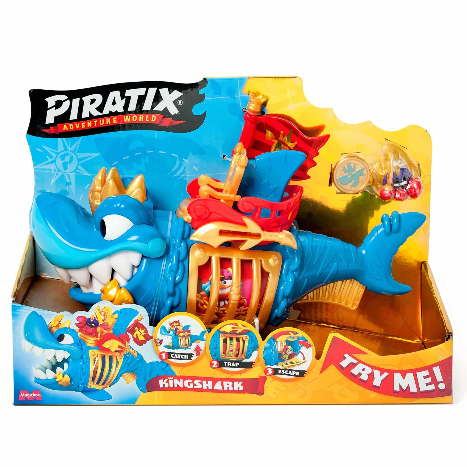PIRATIX ADVENTURE WORLD King Shark– Przegubowy rekin, z klatką, aby schwytać rywali Piratix. Zawiera 1 rekin, 1 ekskluzywny skarb, 1 ekskluzywny Piratix i 1 akcesorium