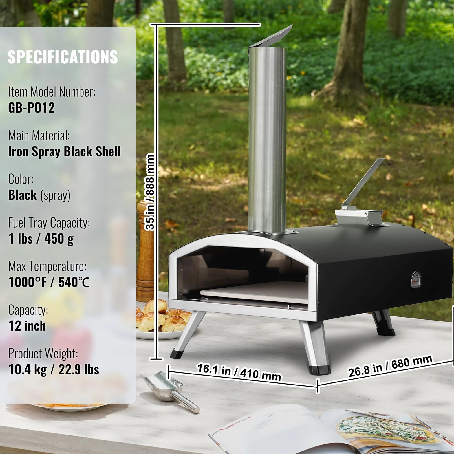 VEVOR Przenośny piec do pizzy 30 cm pellet węgiel drzewny potrójny grill żelazny z kamieniem i pokrowcem