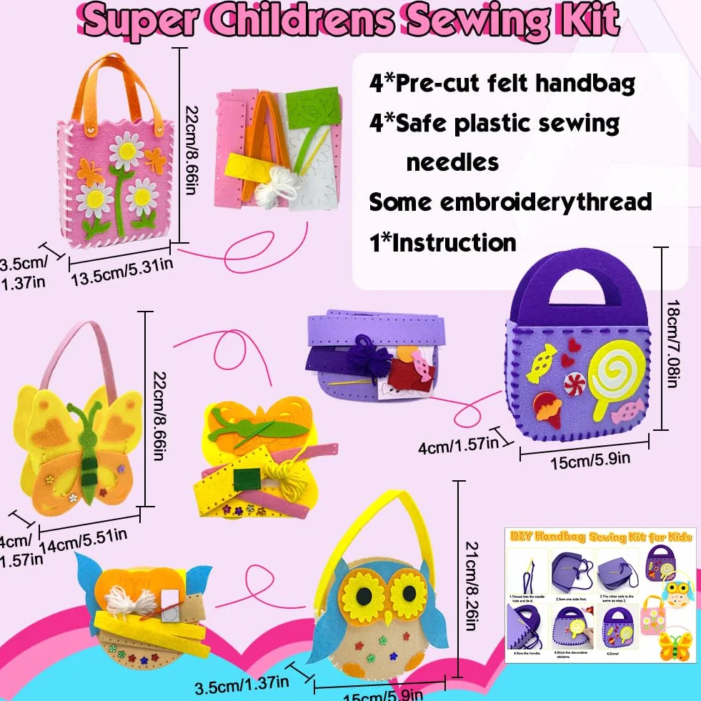 Cosysparks Filcowy zestaw do szycia dla dzieci, 4-pak zestaw do szycia torebek, zestawy do szycia dla dzieci dla początkujących, zabawny edukacyjny zestaw do szycia DIY prezent z narzędziami do szycia