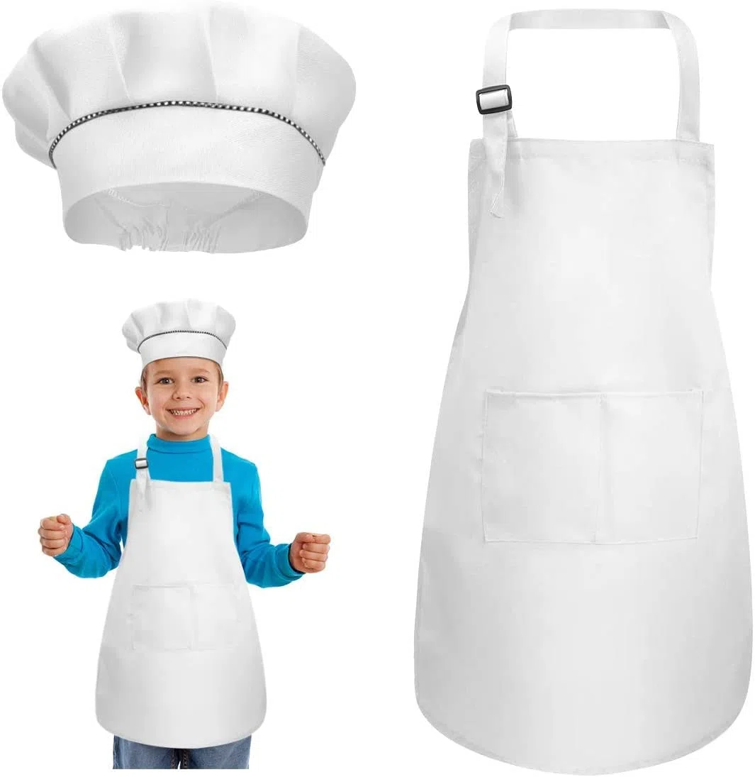 Fartuch dziecięcy i czapka szefa kuchni, białe fartuchy dziecięce, regulowane fartuchy szefa kuchni, fartuch do pieczenia unisex, fartuch na szelkach do gotowania dla dzieci z 2 kieszeniami dla dzieci