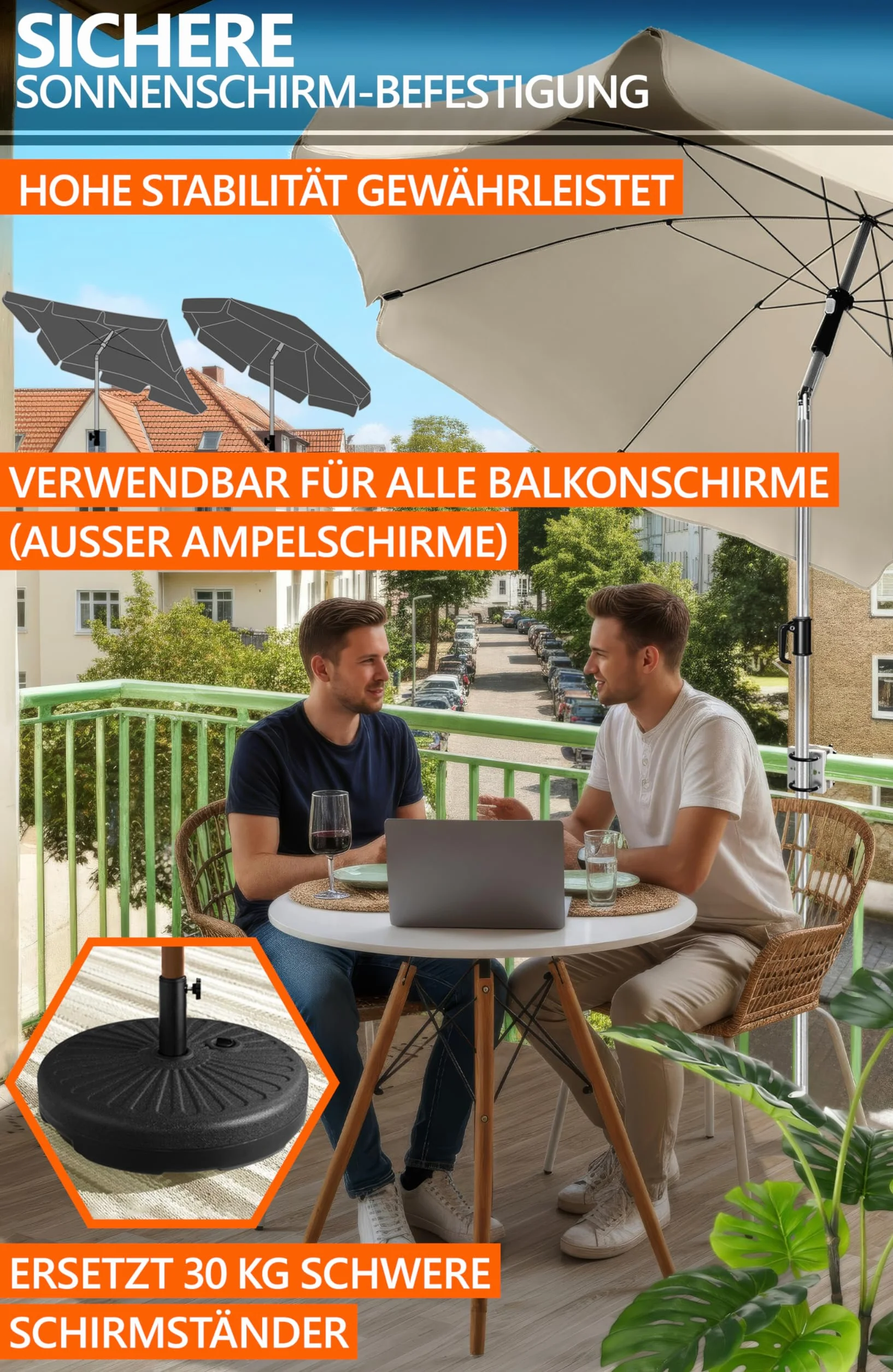 4smile Uchwyt na parasol przeciwsłoneczny ze stali nierdzewnej do balustrad balkonowych - elastycznie montowany