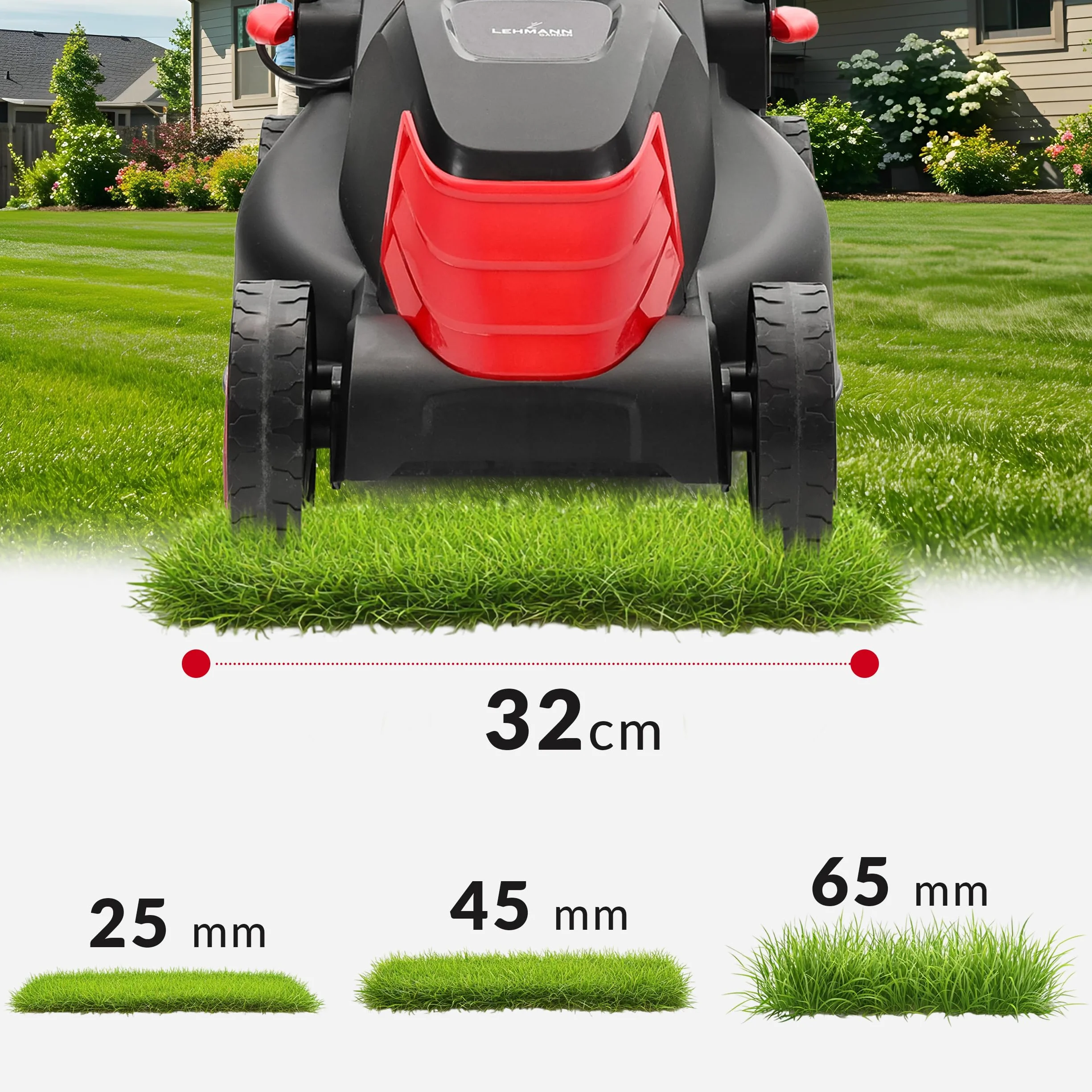 LEHMANN Elektryczna kosiarka do trawy 1200 W 32 cm 25 l 3-stopniowa regulacja wysokości cięcia 3450 obr./min