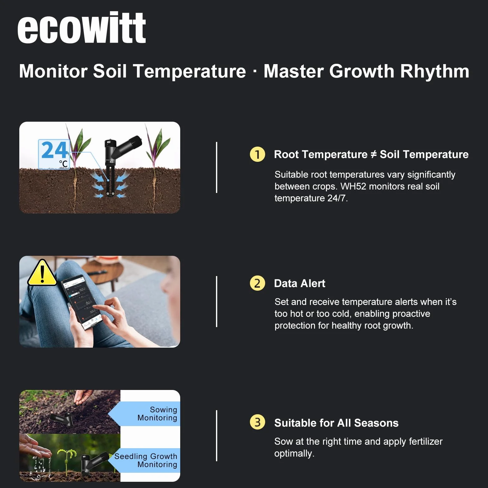 ECOWITT WH52 16-kanałowy czujnik wilgotności gleby 3 w 1 z EC i miernikiem temperatury powietrza, zestaw 4 szt