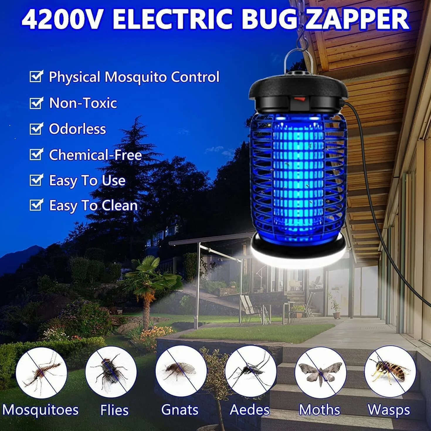 Zewnętrzna lampa przeciw komarom 15 W 4200 V UV wodoodporna zasięg 80-140 m² z oświetleniem LED