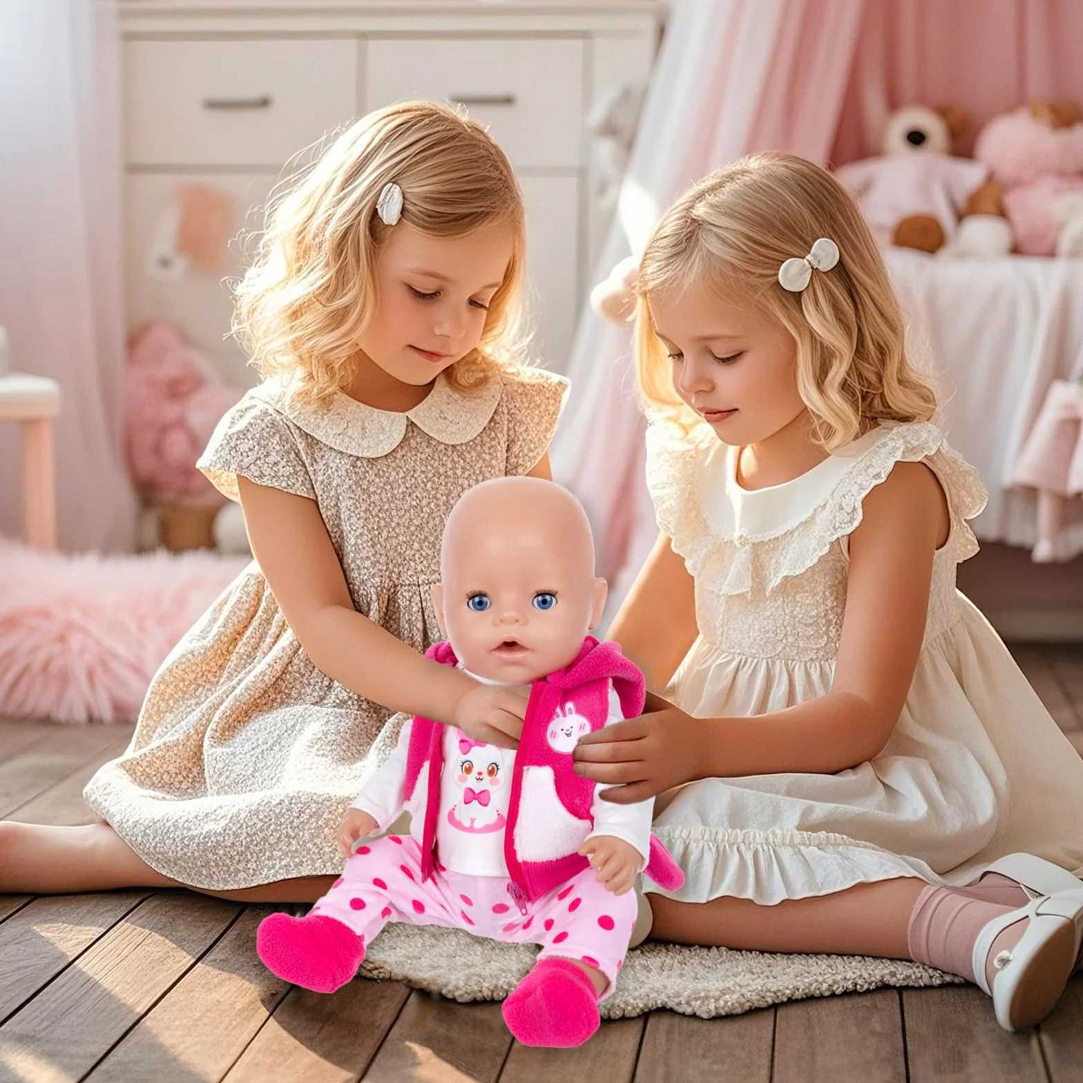 Ubrania dla lalek kompatybilne z 35-43 cm New Born Baby Lalki, Rose Królik Baby Odzież z bluzką Kamizelka Spodnie Skarpetki, Akcesoria dla lalek dla niemowląt 14-17 cali