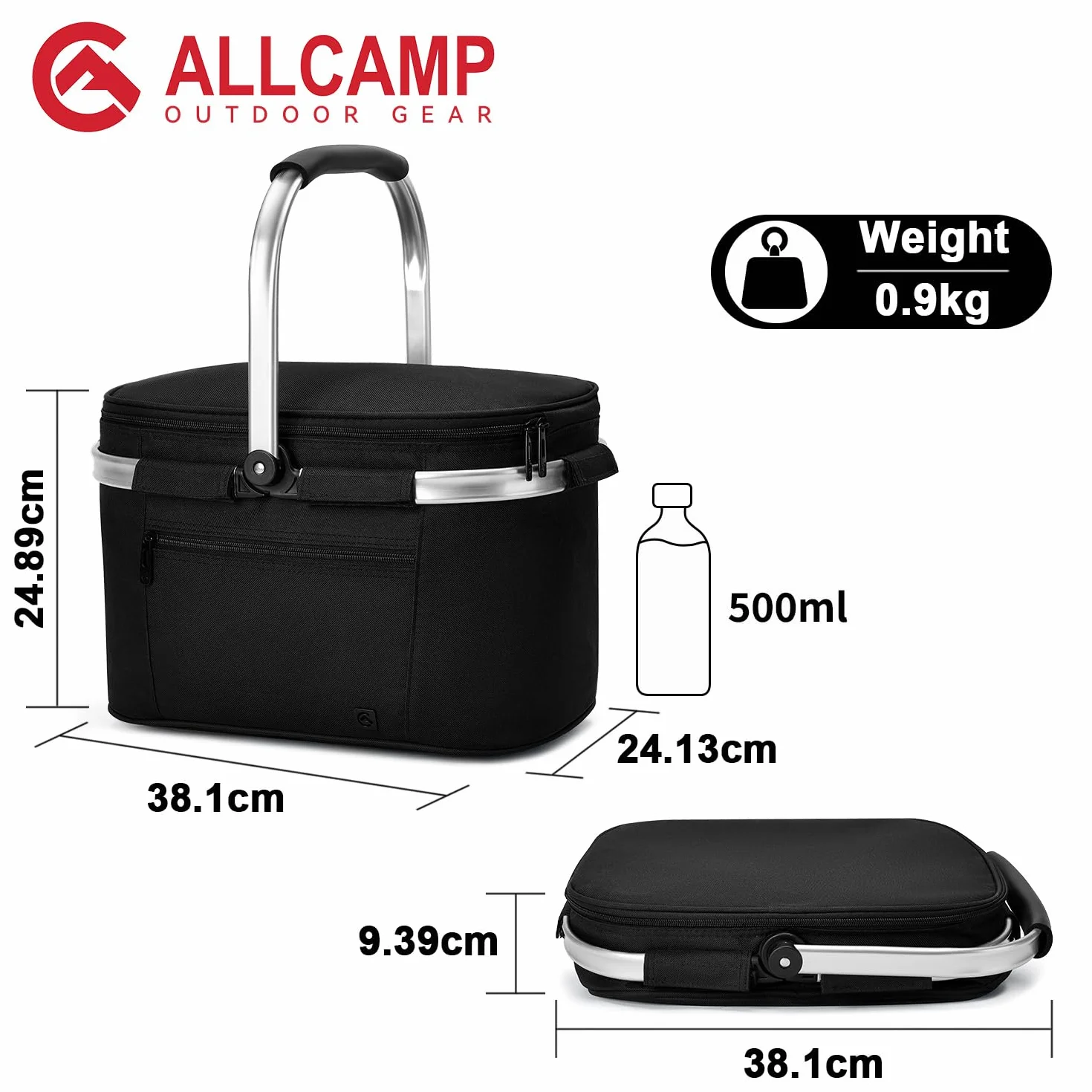 ALLCAMP Cool Bag Izolowany Kosz na Zakupy z Pokrywką Chłodziarka Ice Box Wyjmowany Kosz Piknikowy Dla 4 Osób Gruby Termiczny Kosz z Aluminiową Ramą czarny