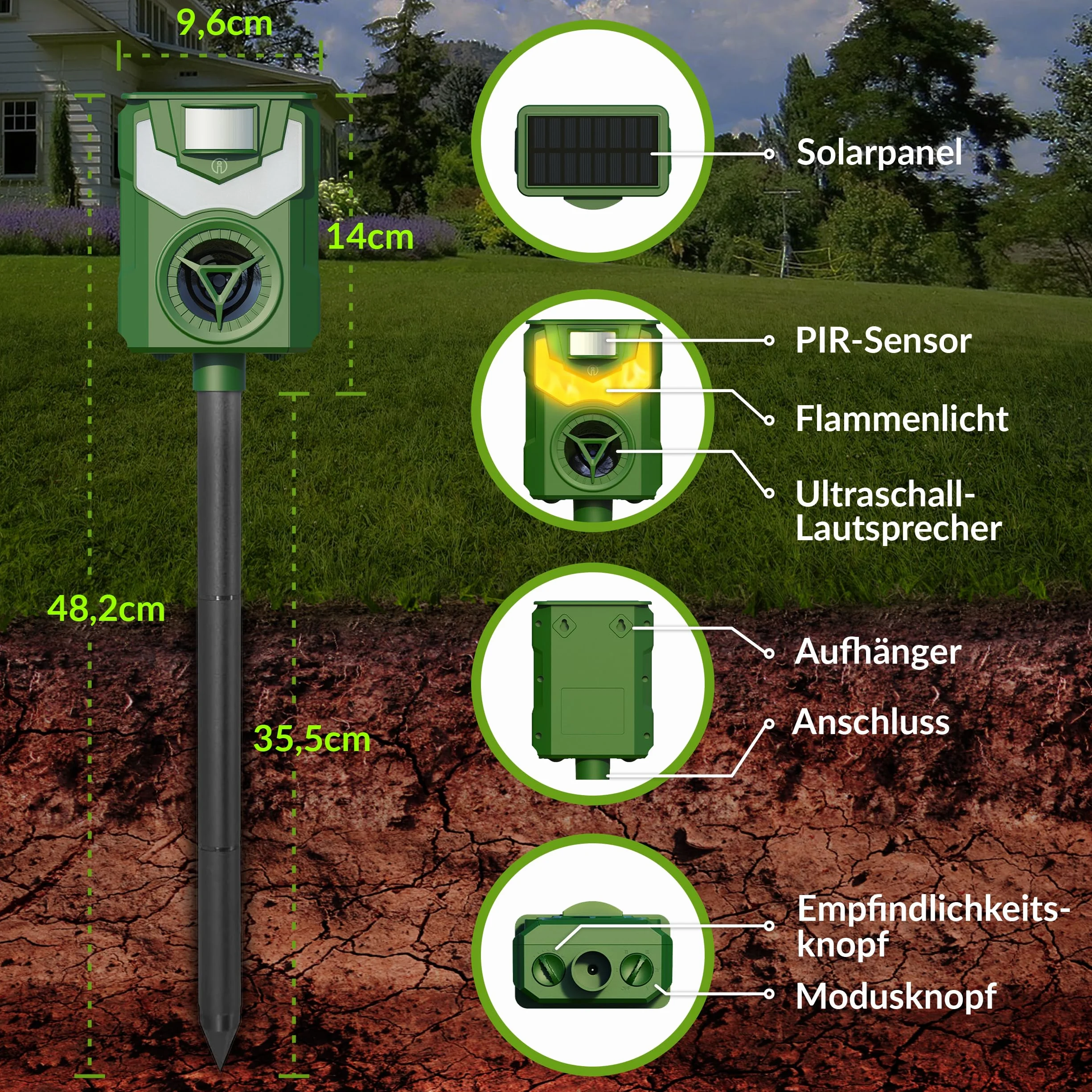 ISOTRONIC Solarny odstraszacz zwierząt z częstotliwością i światłem płomienia