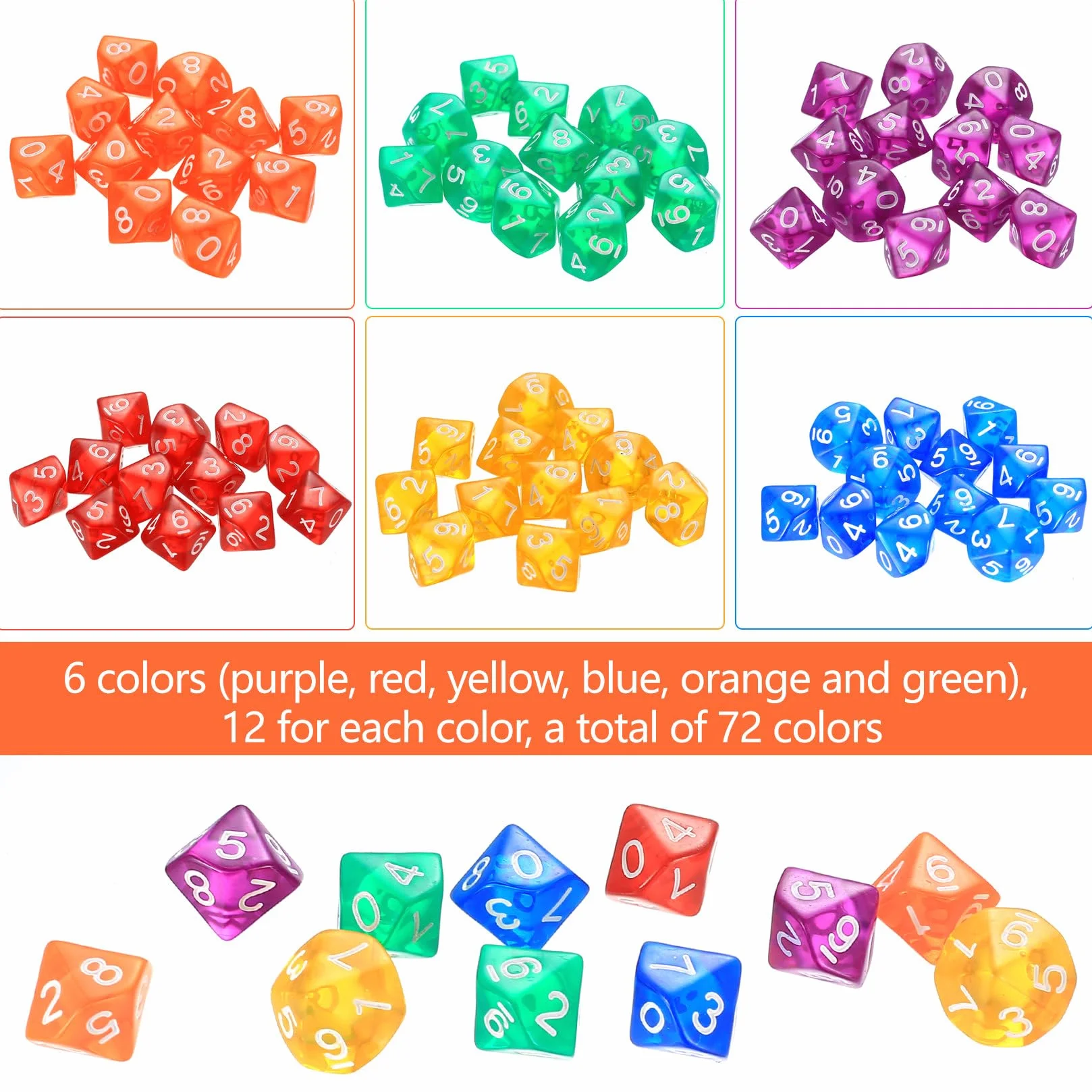 Zestaw kości do gry DND, wielościenne, 10-stronne, zestaw kości do gier D10, do gier DND MTG, RPG, do gier stołowych, z 1 czarną torbą do przechowywania, 72 szt