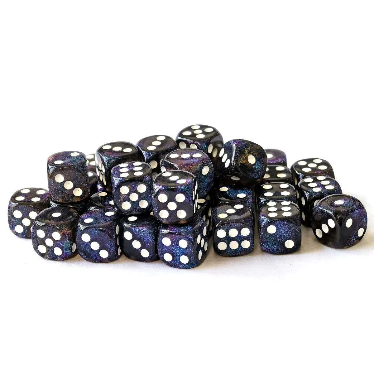 Bescon Moonstone Zestaw 36 kości z 6 twarzami, kamień księżycowy, 91,4 cm, czarne, półprzezroczyste kostki D6, z niebieskimi cekinami, 36 szt., 36 szt