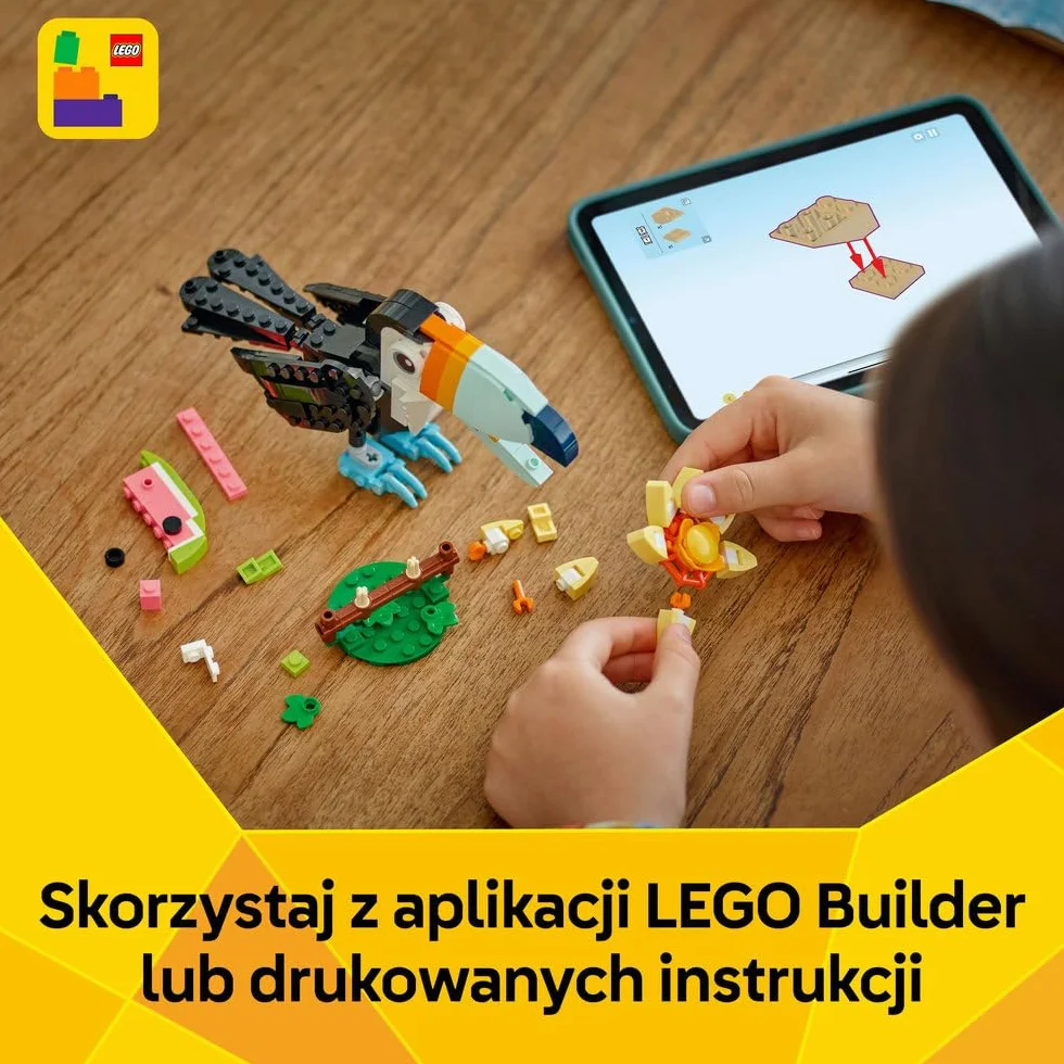 LEGO Creator 3 w 1 Dzikie zwierzęta: Tropikalny tukan, figurka do przebudowania na motyla lub rybę, zabawka dla dziecka, ozdoba do pokoju dziecięcego, prezent dla 7-latki, dziewczynki i chłopca 31173