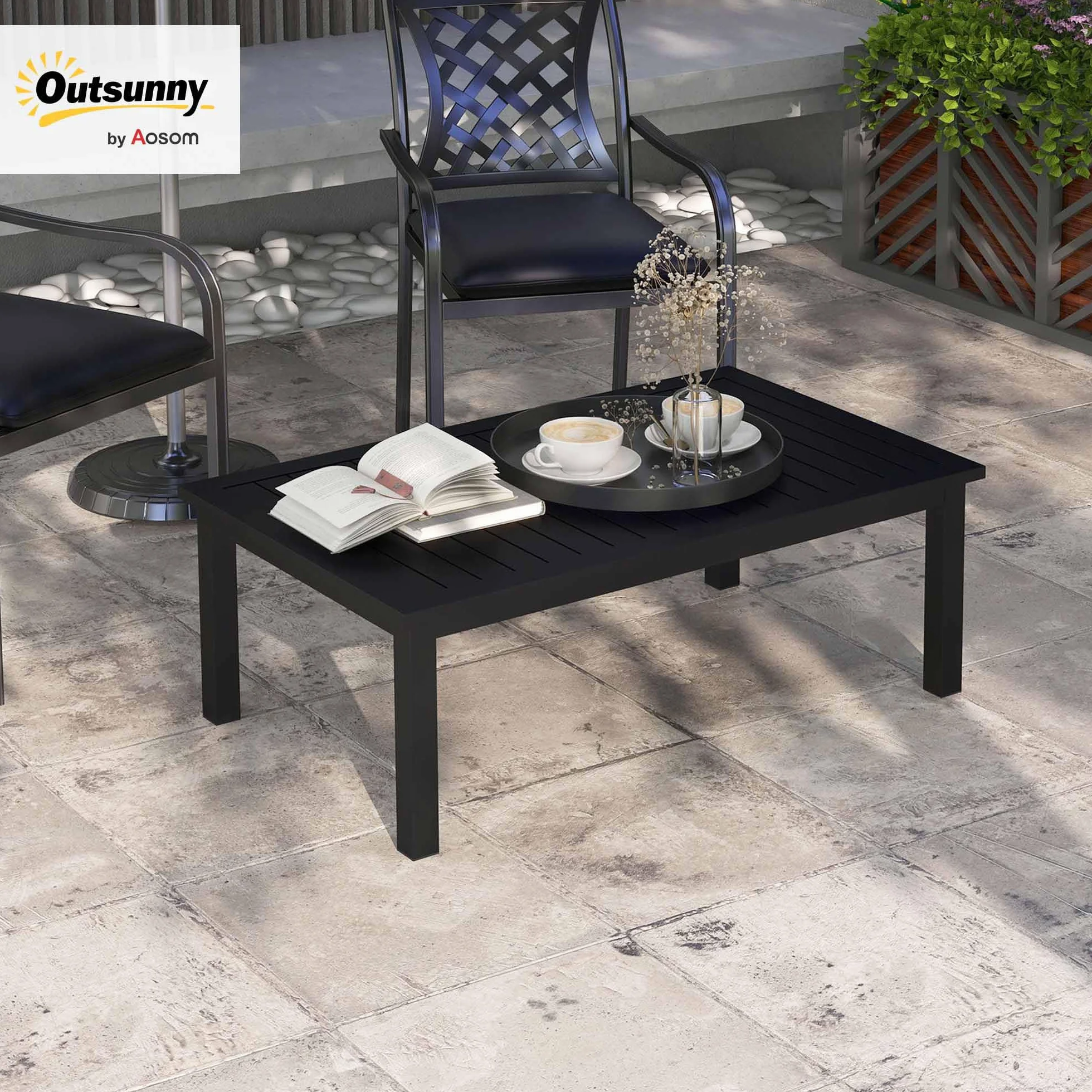 Outsunny Prostokątny stolik kawowy Stół ogrodowy Aluminiowy blat listwowy 100x60x37 cm czarny