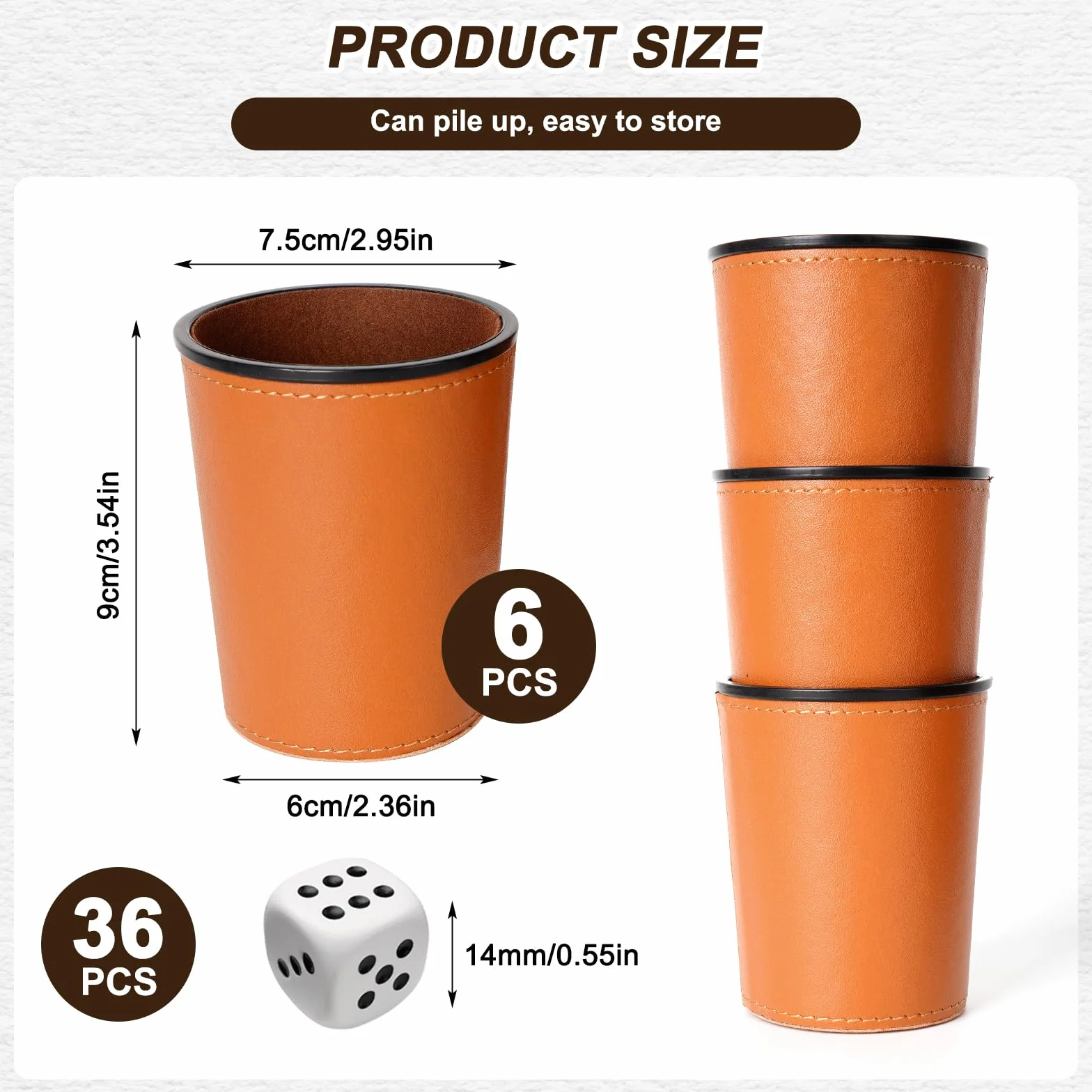 Kieliszki do kostek, skórzane, zestaw 6 sztuk, z 36 kostkami (14 mm), ręcznie wykonane kubki w kości premium z kostkami, na imprezę barową, Farkle Yahtzee